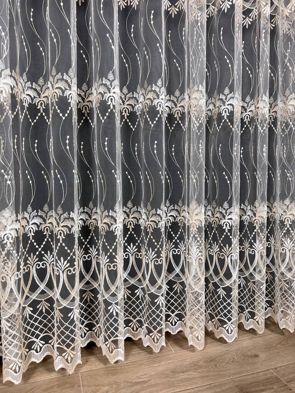 Sheer curtain with beautiful embroidery, milk with gold color