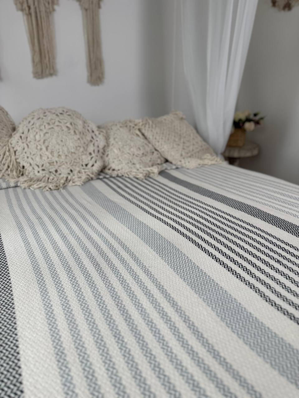 Plaid bedspread “Line”, 100% cotton, gray color