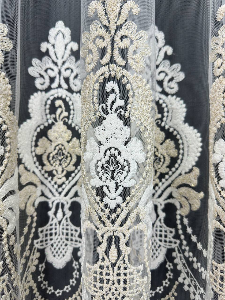 Premium quality sheer curtain with embroidery on the base, milk with gold color