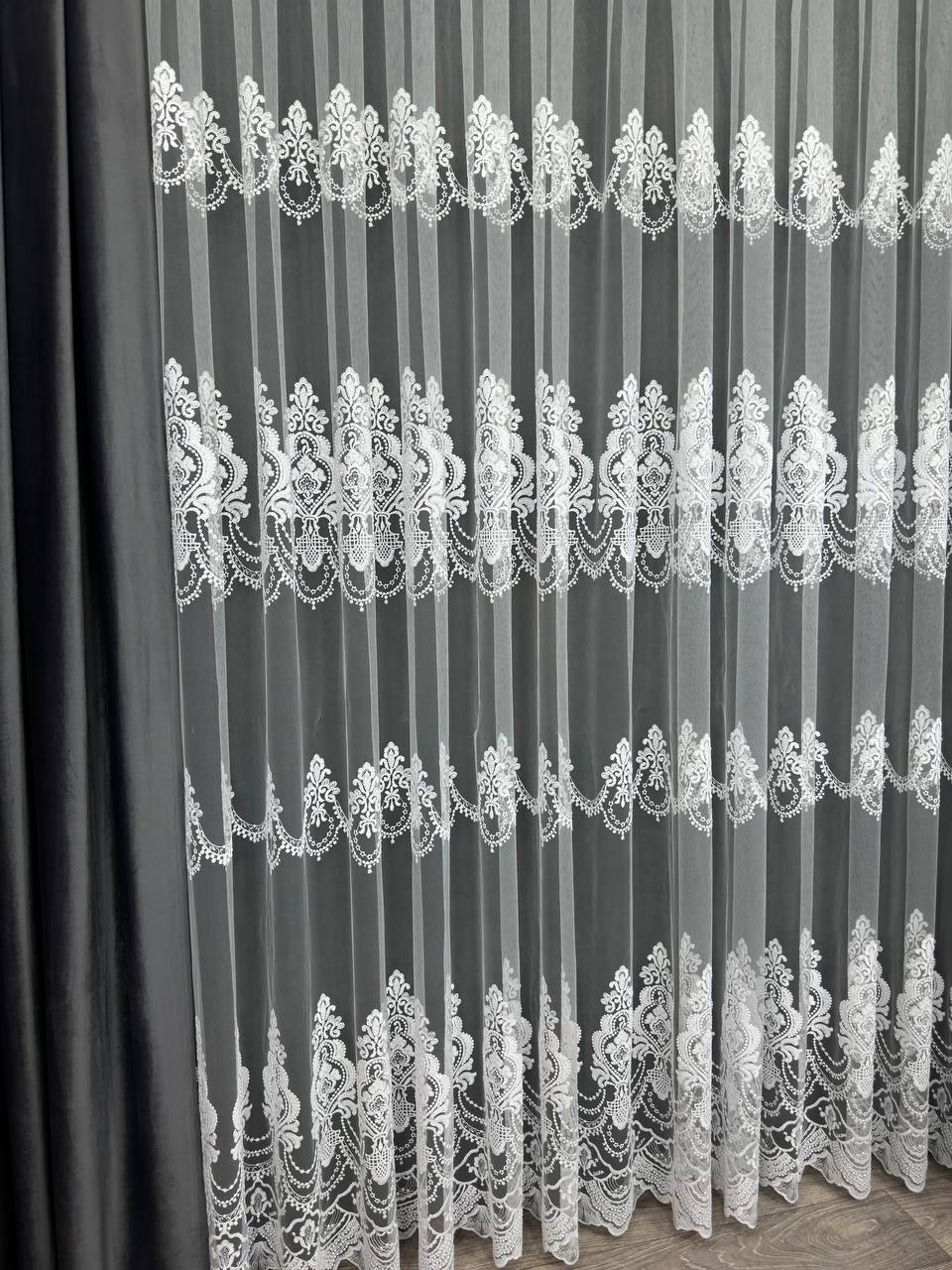 Premium quality sheer curtain with embroidery on the base, white color
