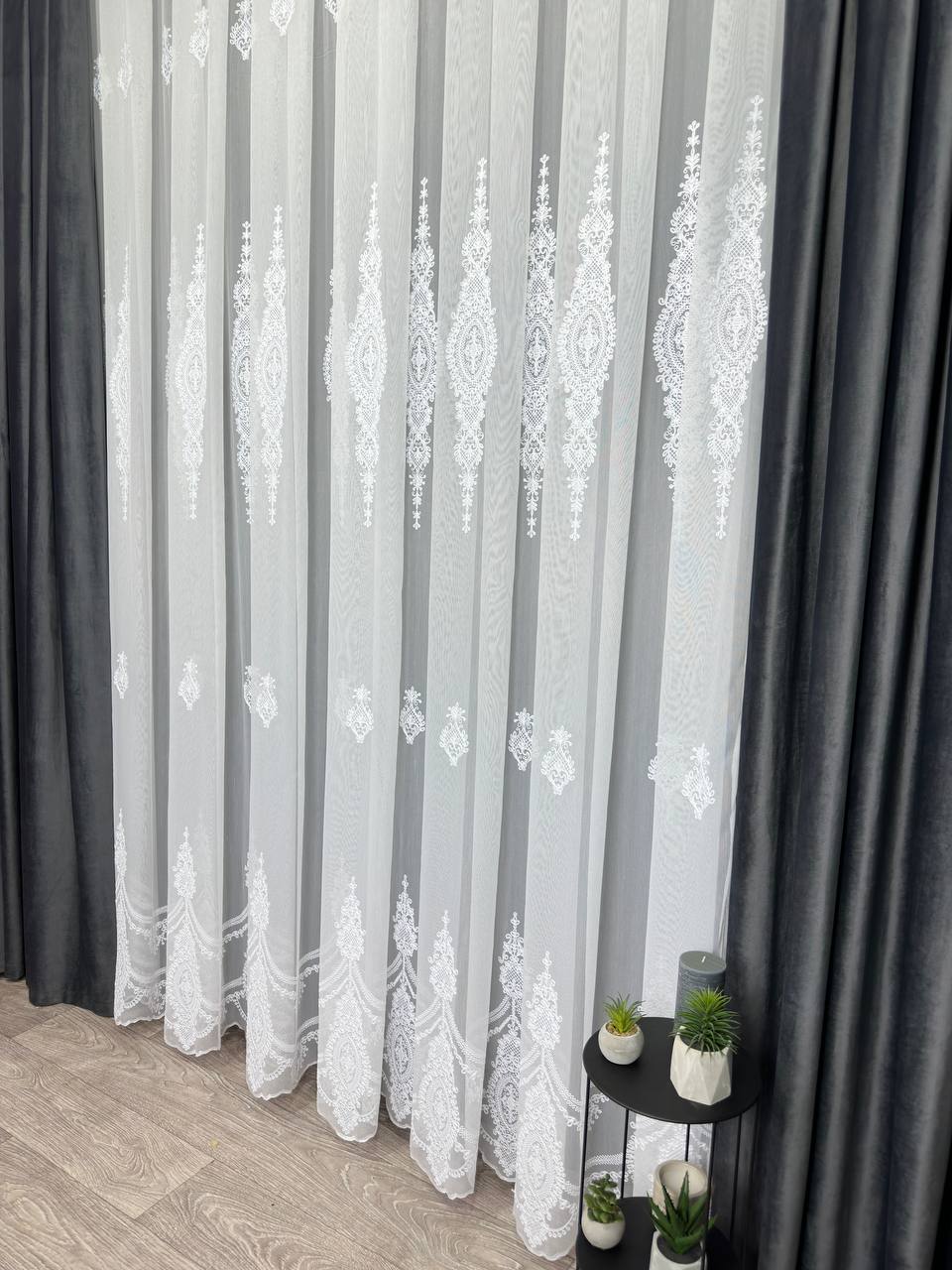 Bamboo-based sheer curtain with beautiful embroidery, white color