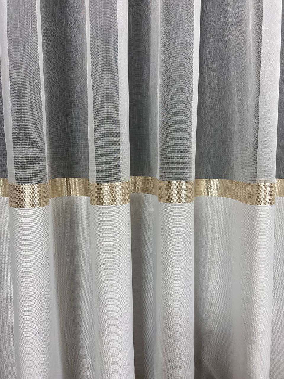 Sheer curtain with stripes and satin inserts, golden color