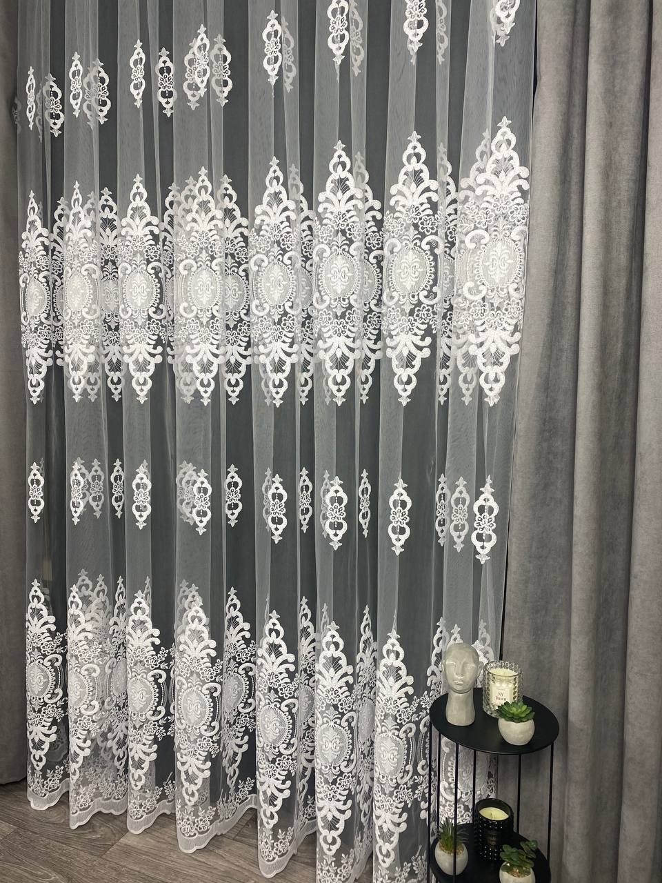 Sheer curtain with beautiful embroidery, white color