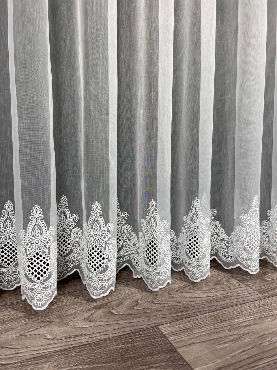 Sheer curtain with chenille embroidery on the bottom , white color