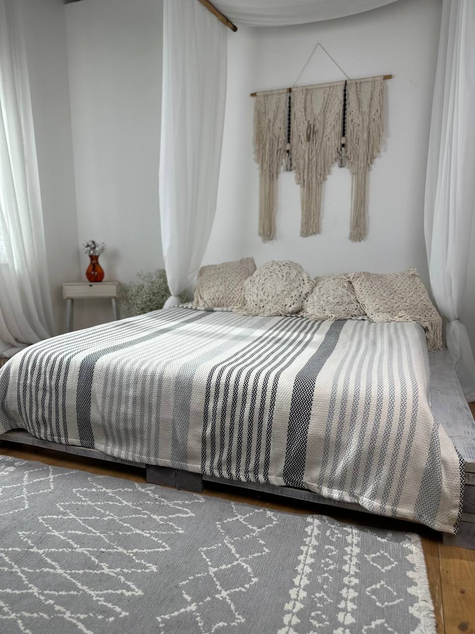 Plaid bedspread “Line”, 100% cotton, gray color