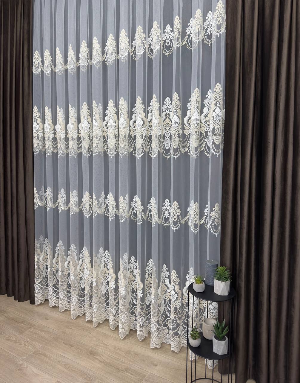 Premium quality sheer curtain with embroidery on the base, milk with gold color