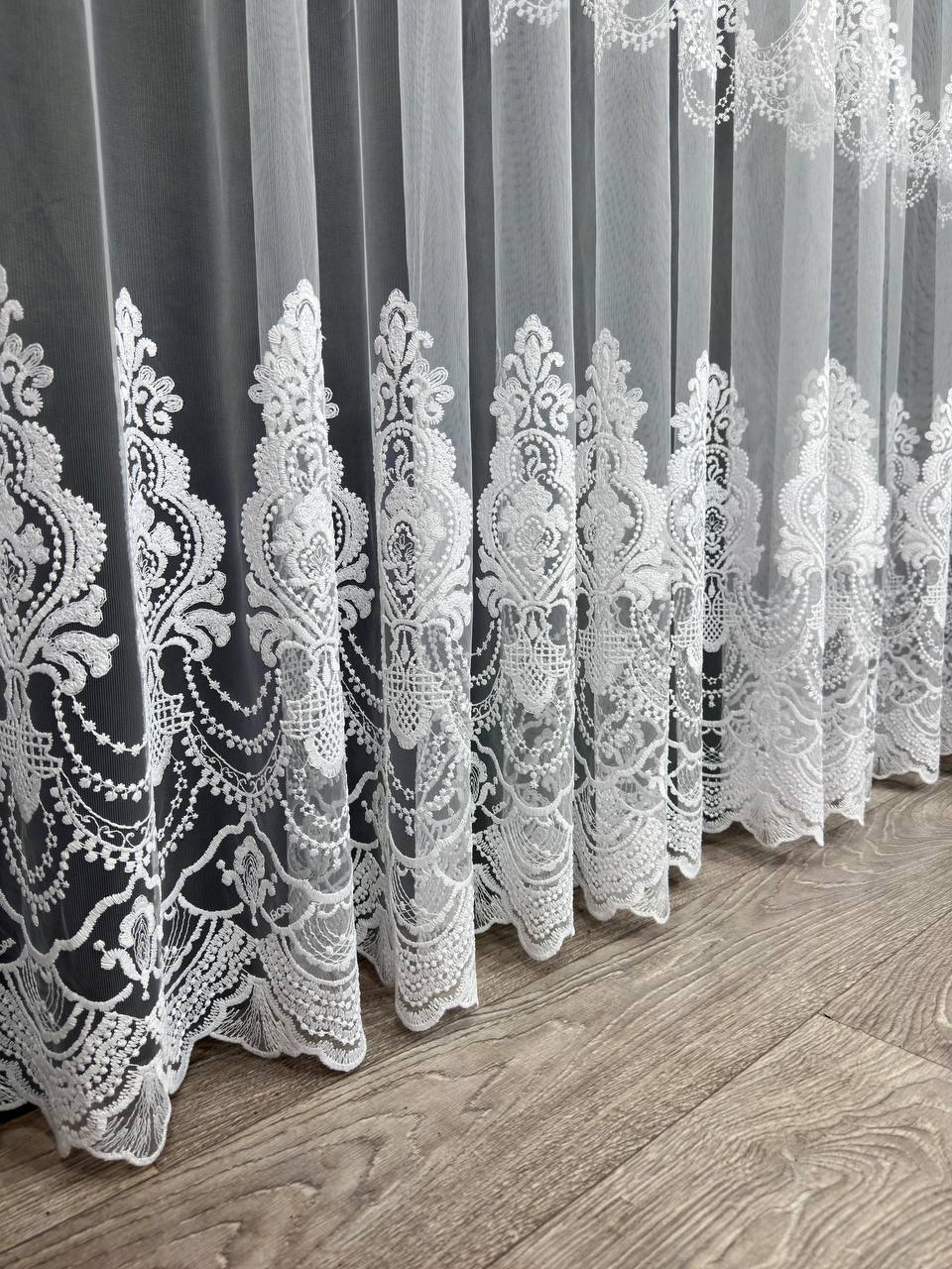 Premium quality sheer curtain with embroidery on the base, white color