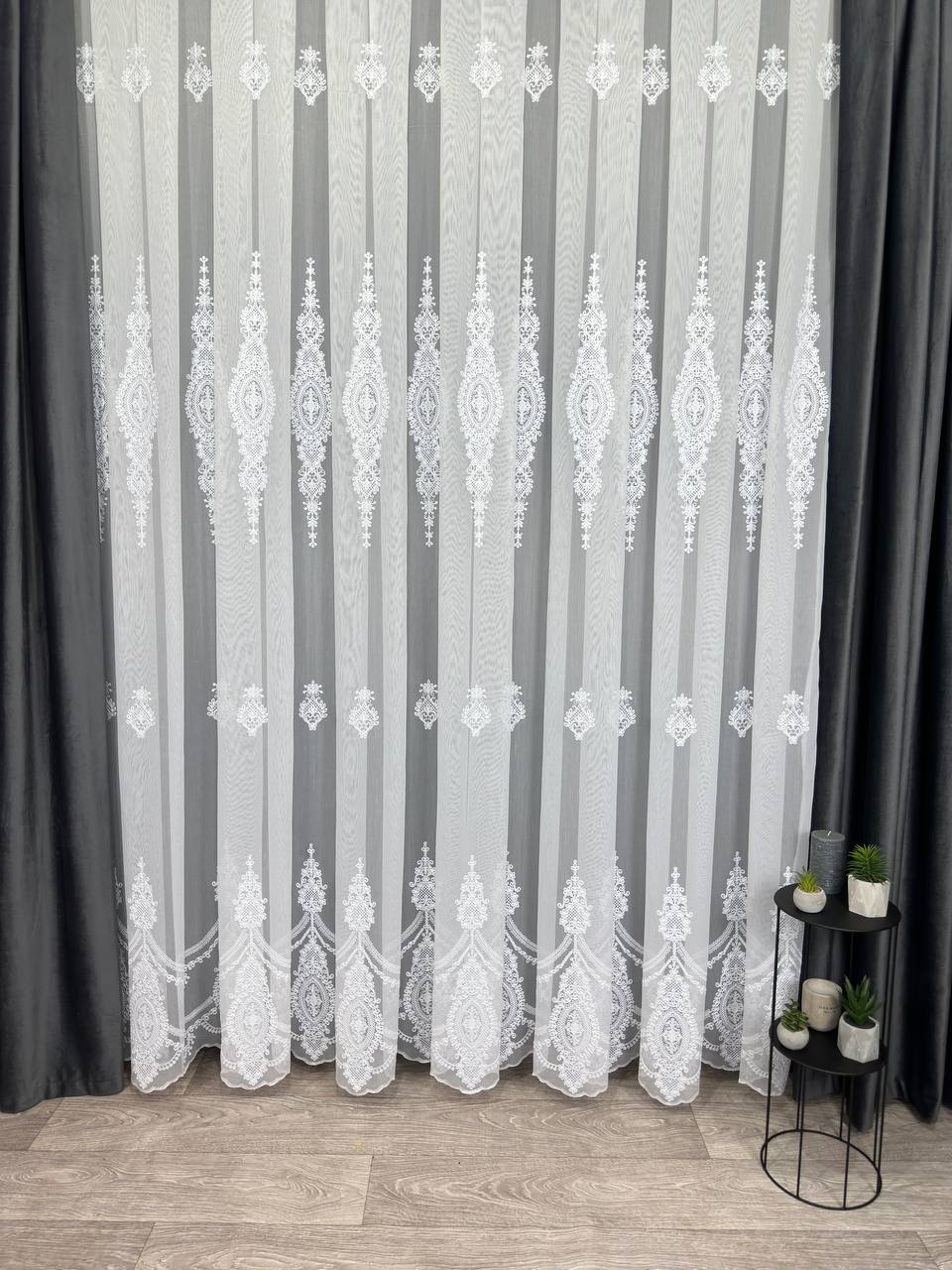 Bamboo-based sheer curtain with beautiful embroidery, white color