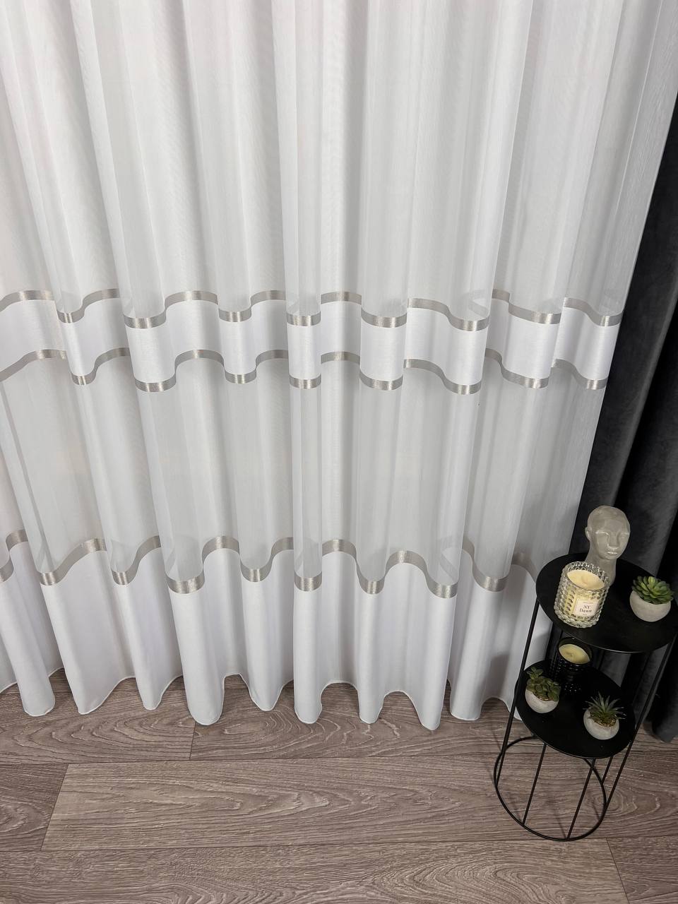 Sheer curtain with stripes and satin inserts, gray color