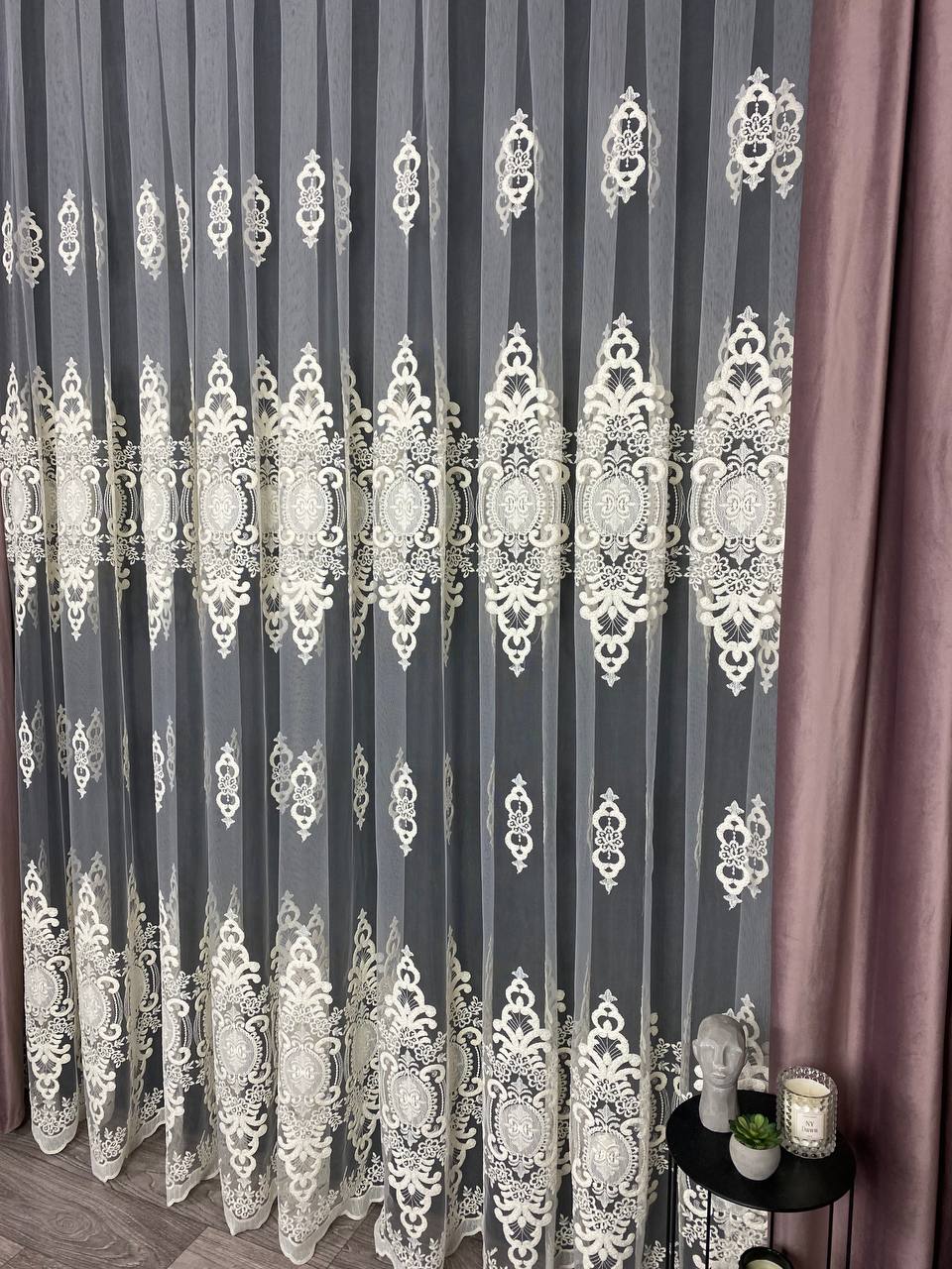 Sheer curtain with beautiful embroidery, milk color