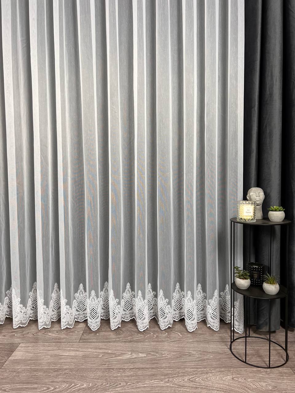 Sheer curtain with chenille embroidery on the bottom , white color