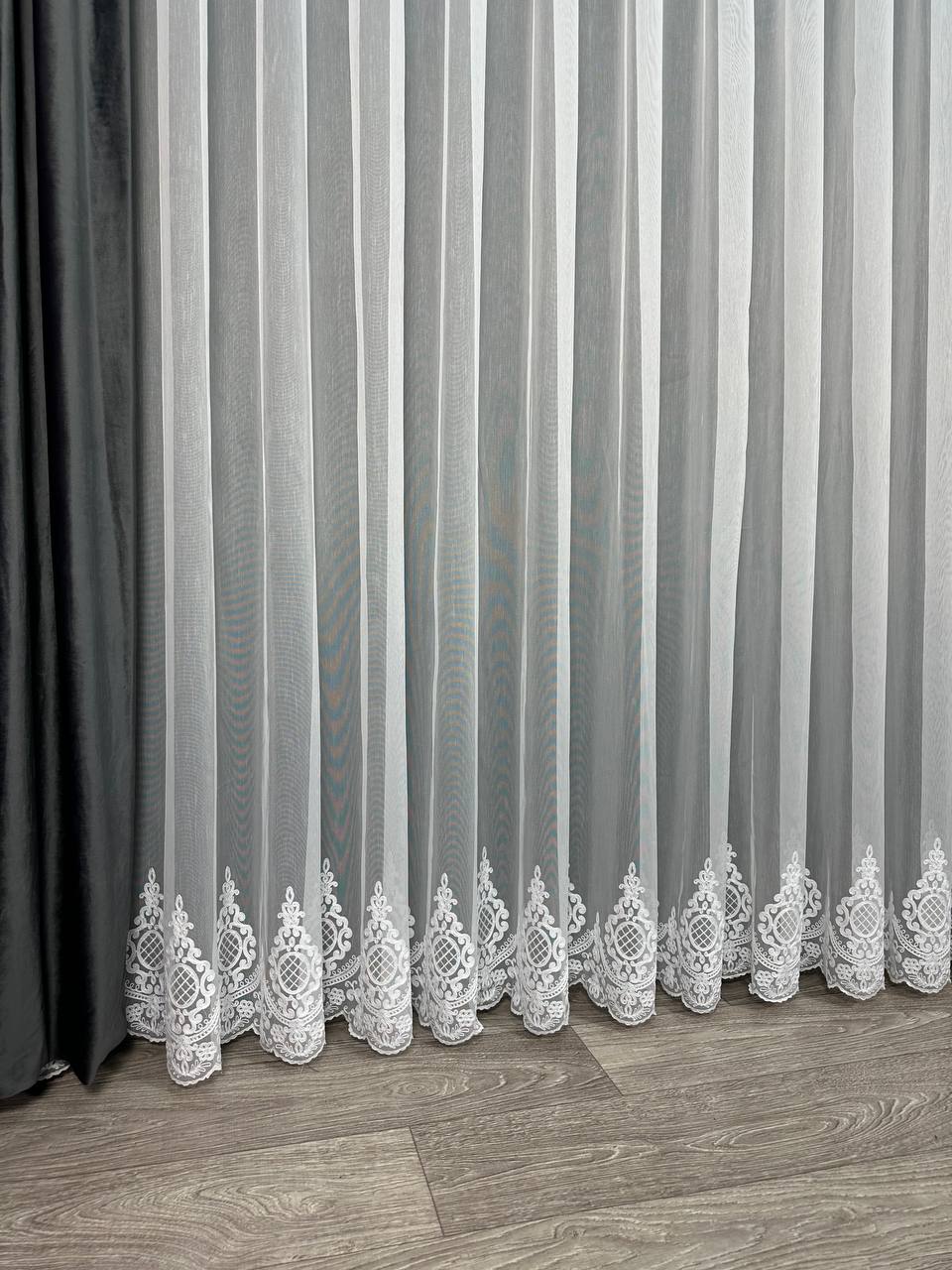 Sheer curtain with chenille embroidery on the bottom , white color