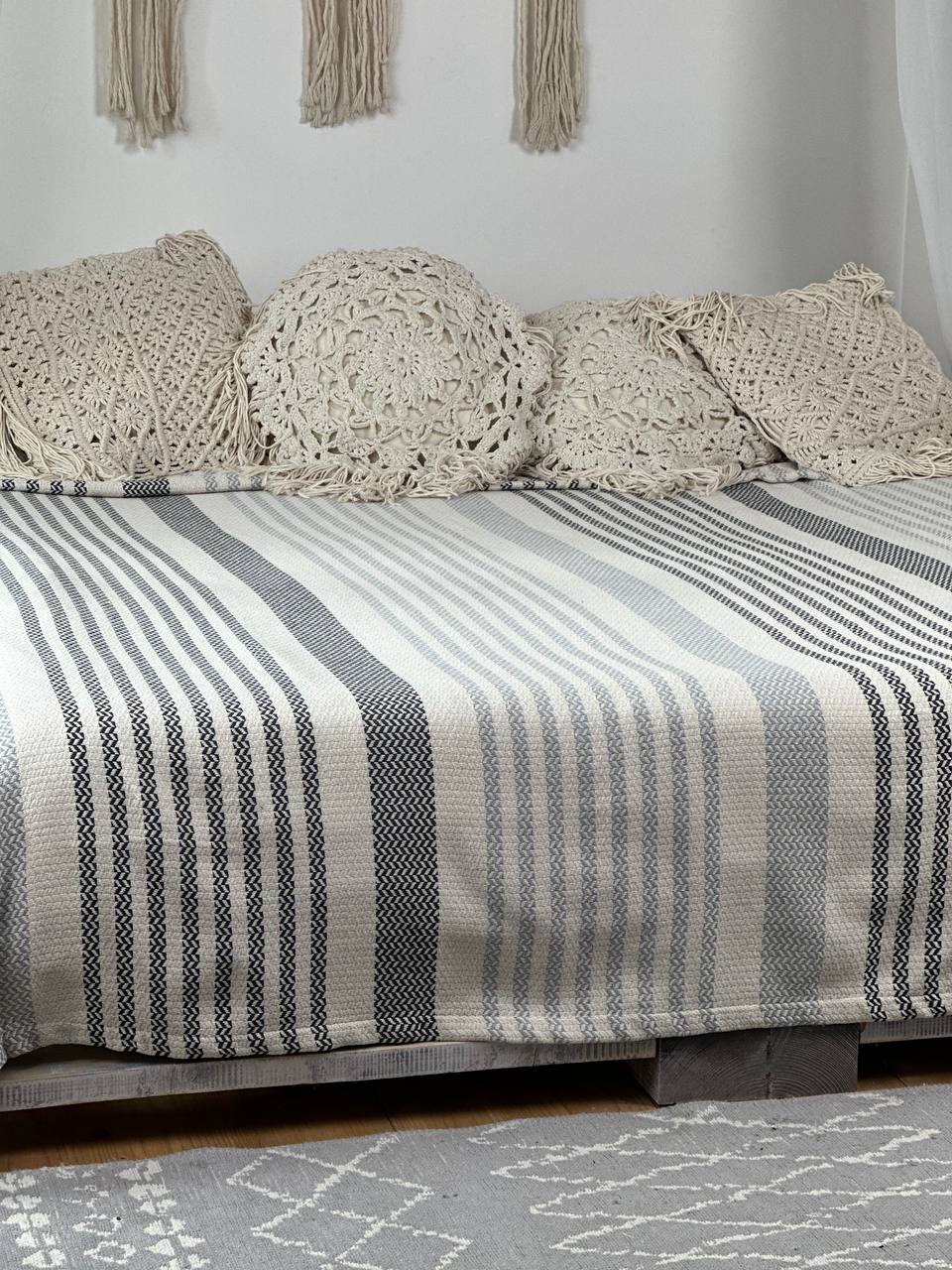 Plaid bedspread “Line”, 100% cotton, gray color