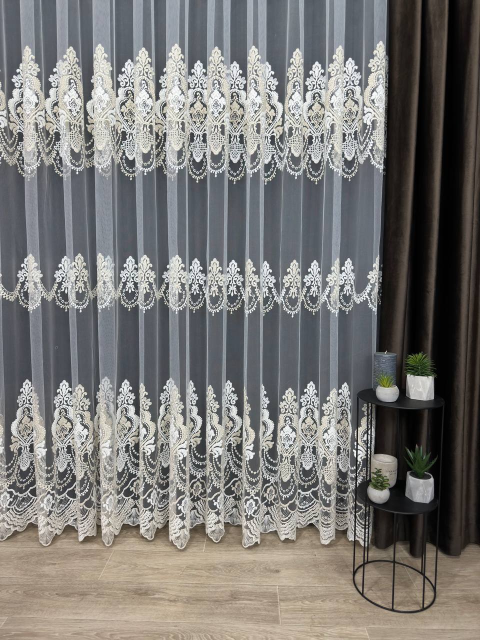 Premium quality sheer curtain with embroidery on the base, milk with gold color