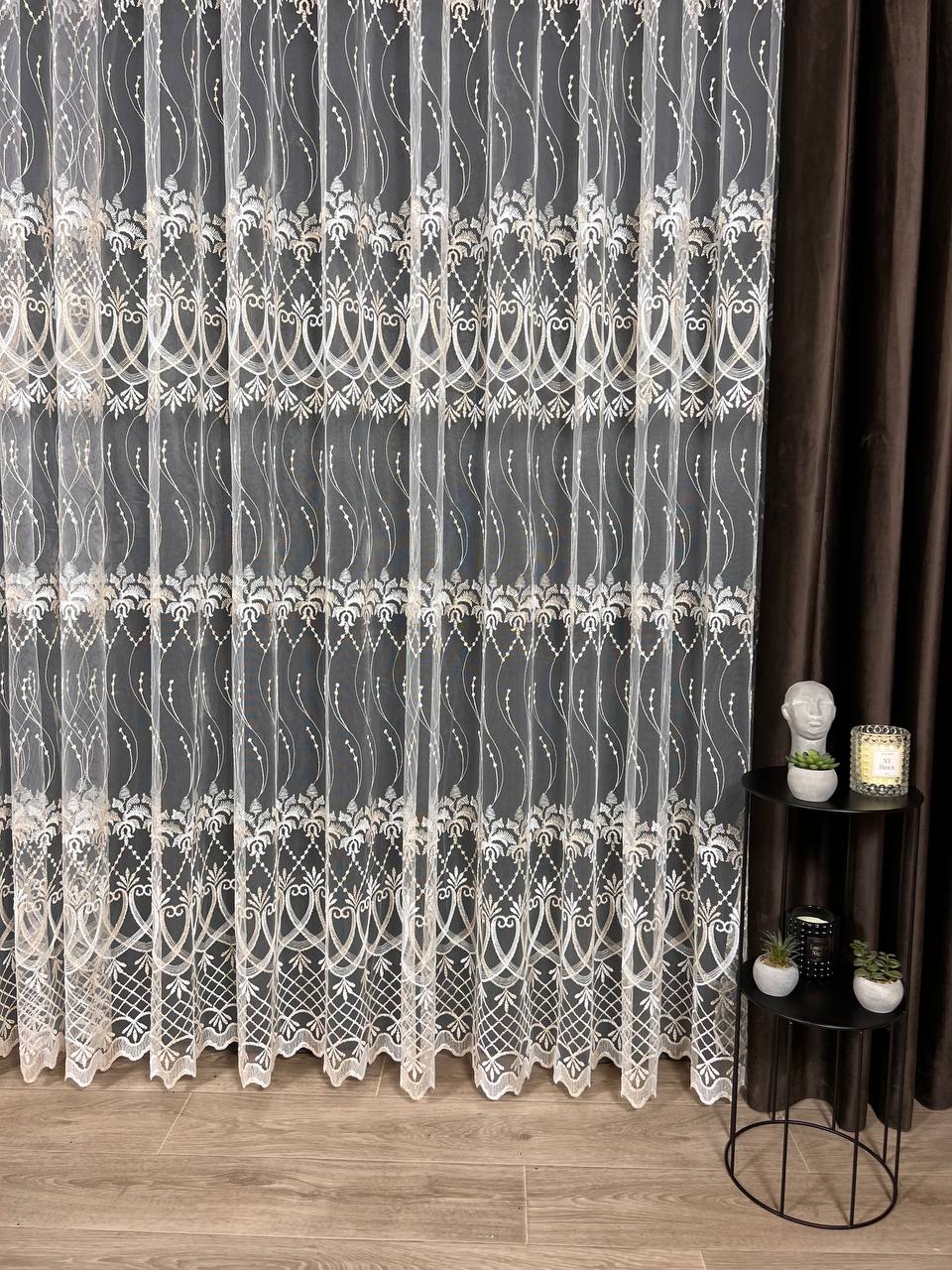 Sheer curtain with beautiful embroidery, milk with gold color