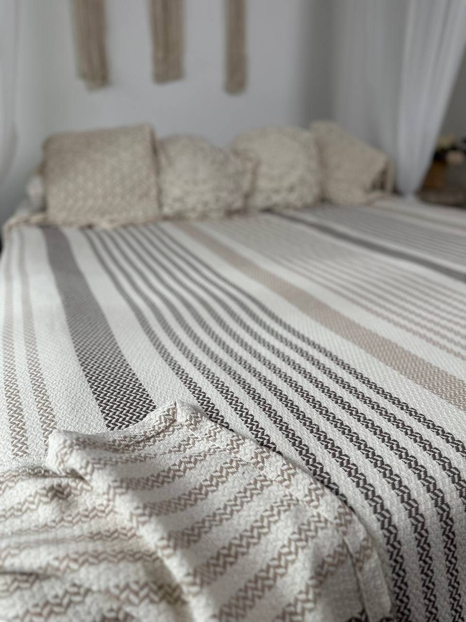 Plaid bedspread “Line”, 100% cotton, beige color