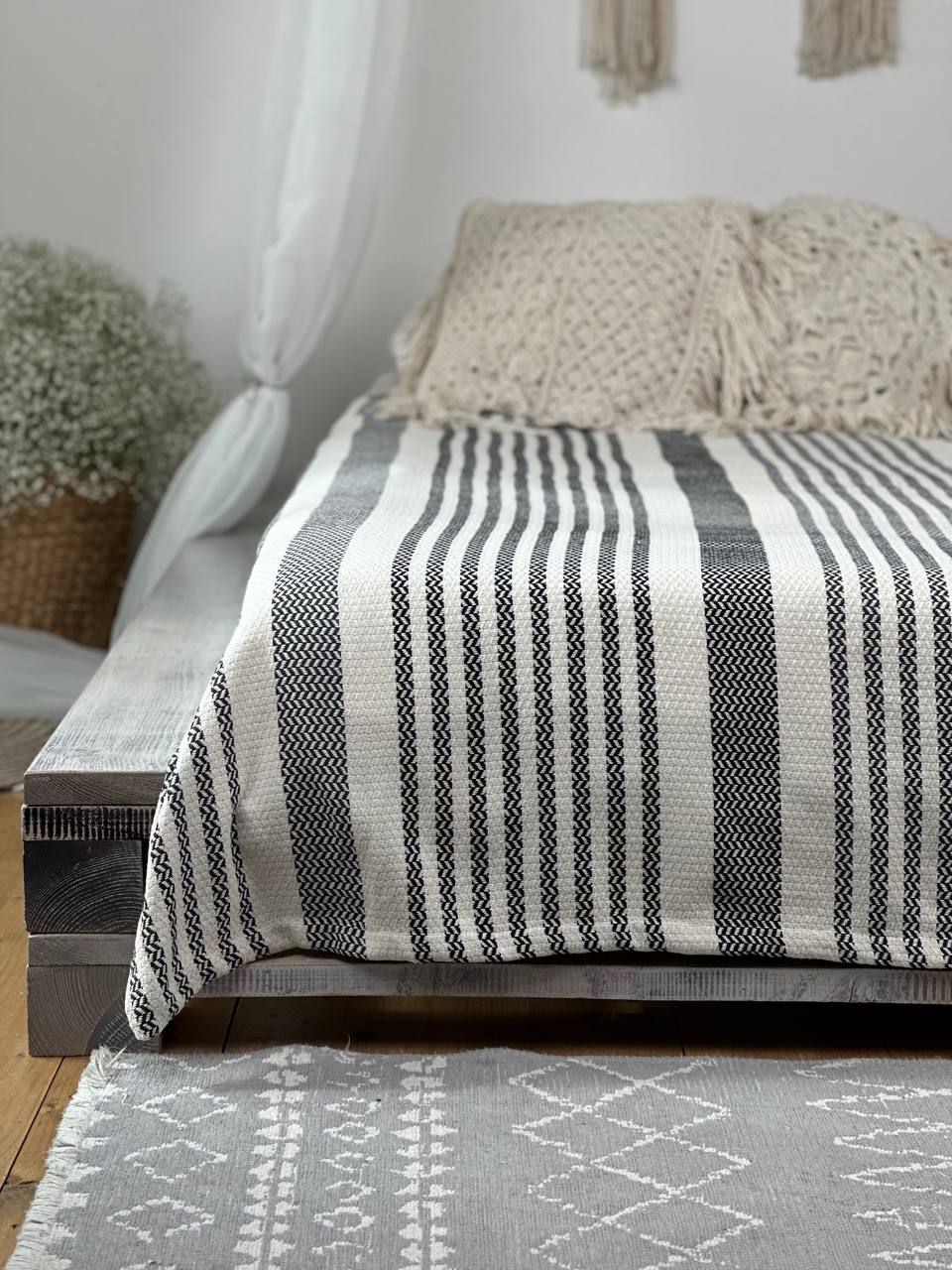 Plaid bedspread “Line”, 100% cotton, dark gray color
