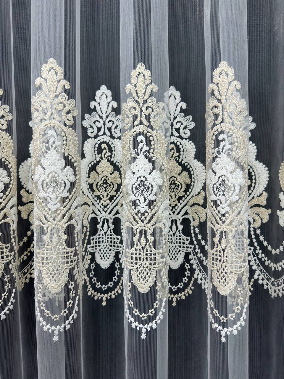 Premium quality sheer curtain with embroidery on the base, milk with gold color
