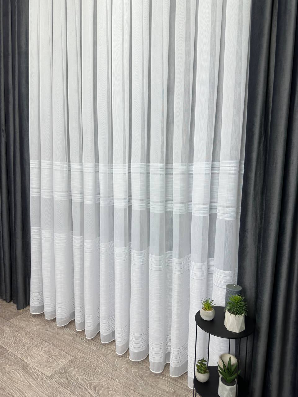 Bamboo-based sheer curtain with linen stripes, white color