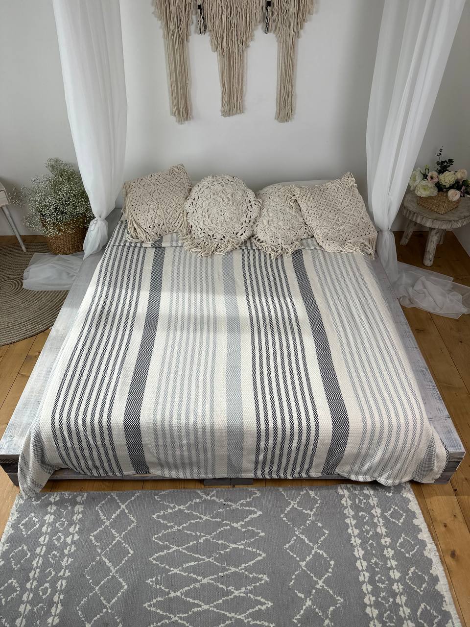 Plaid bedspread “Line”, 100% cotton, gray color