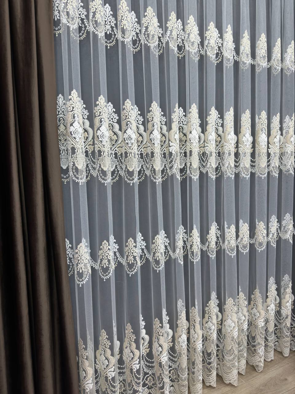 Premium quality sheer curtain with embroidery on the base, milk with gold color