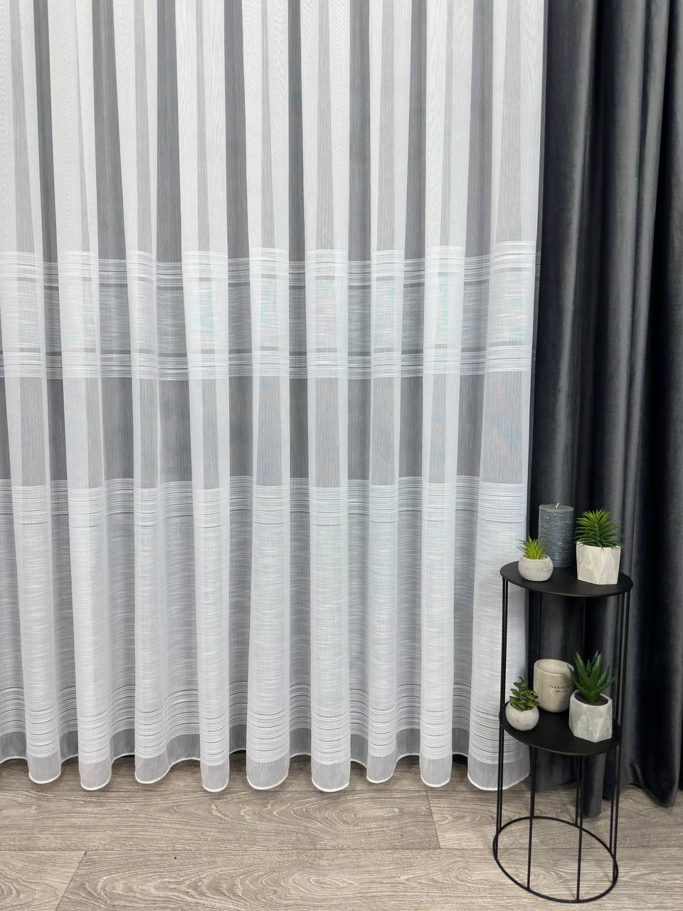 Bamboo-based sheer curtain with linen stripes, white color