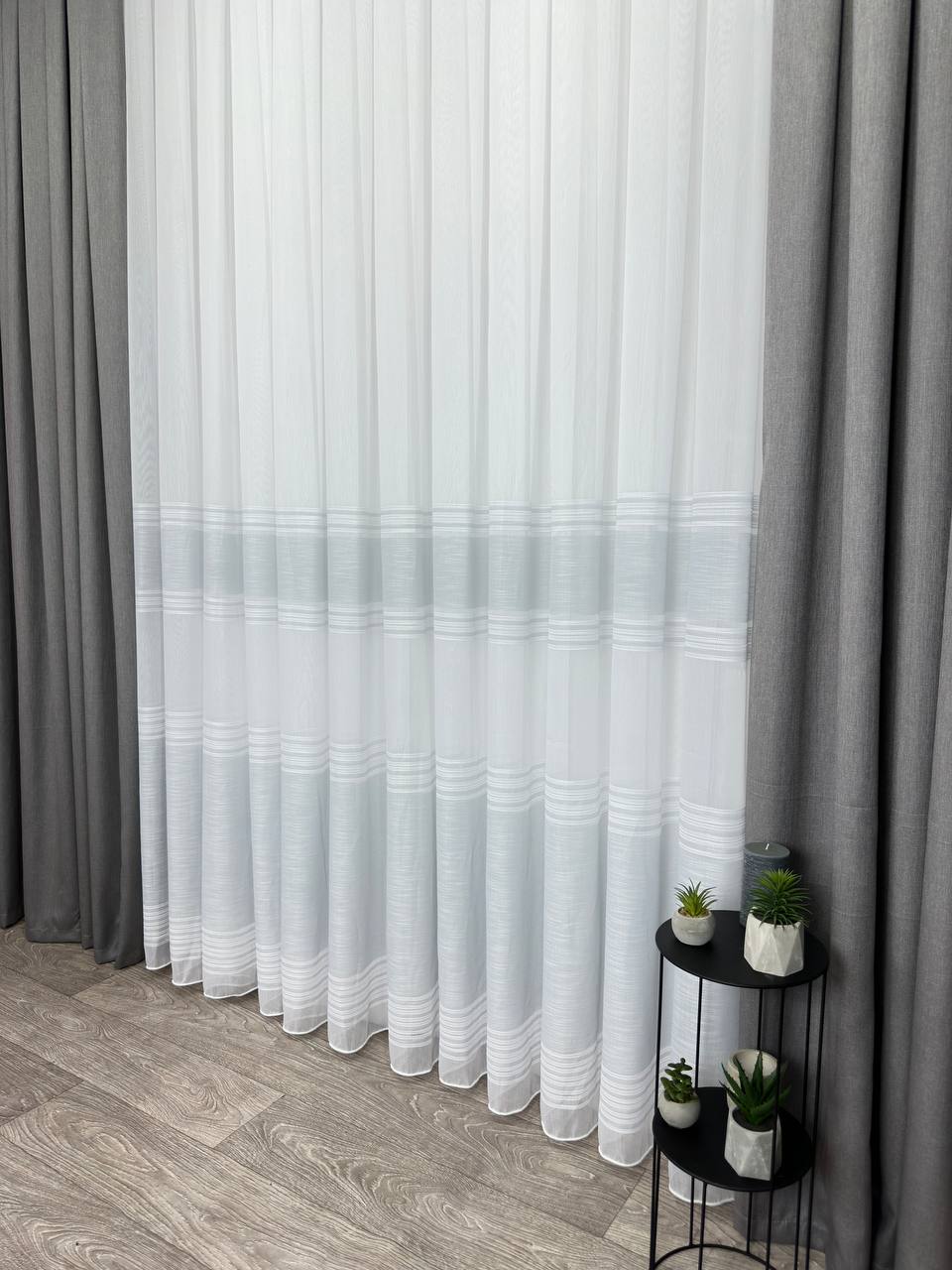 Bamboo-based sheer curtain with linen stripes, gray color