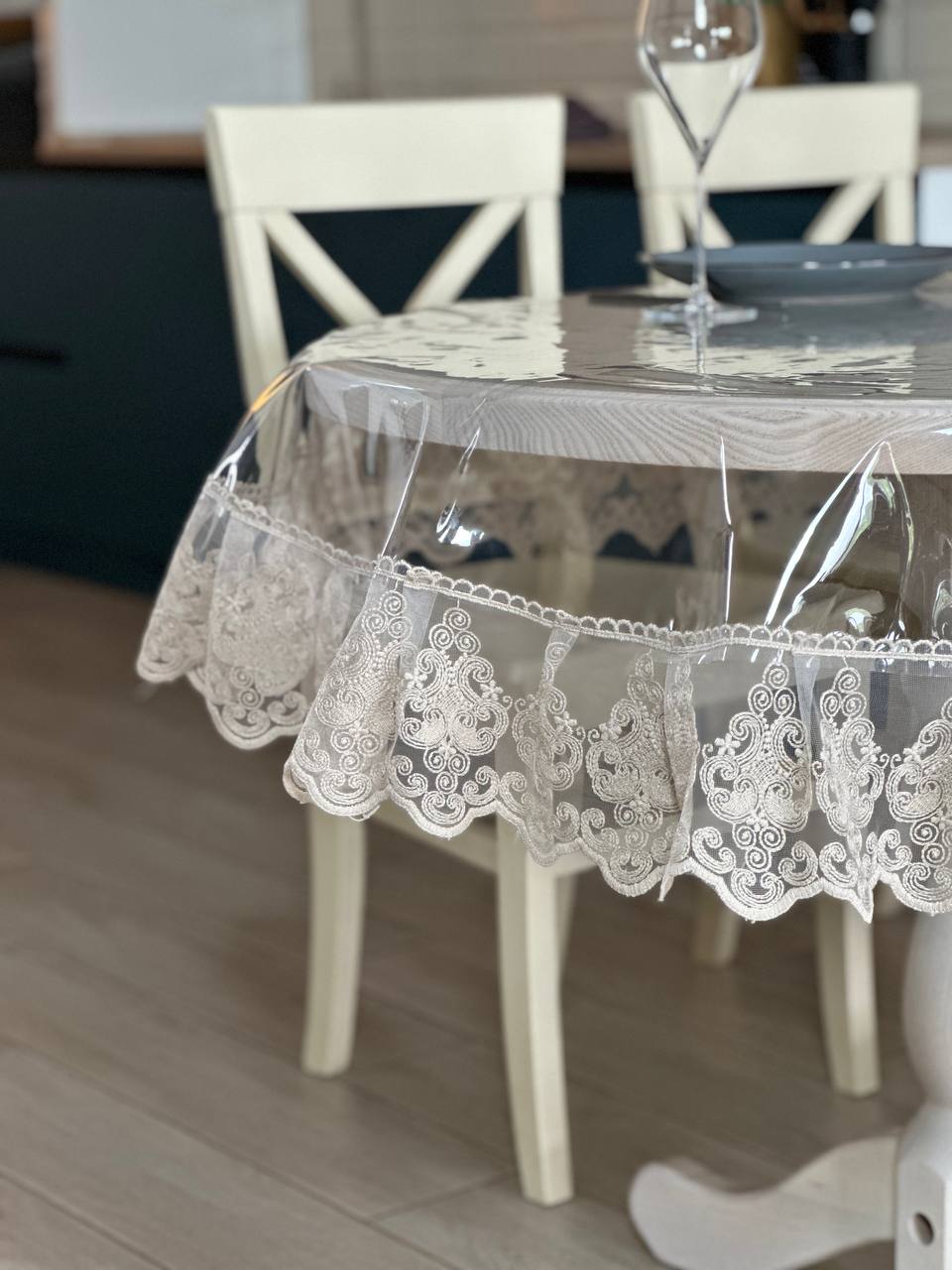 Silicone tablecloth with Richelieu lace, color: Cappuccino (custom size or standard size)