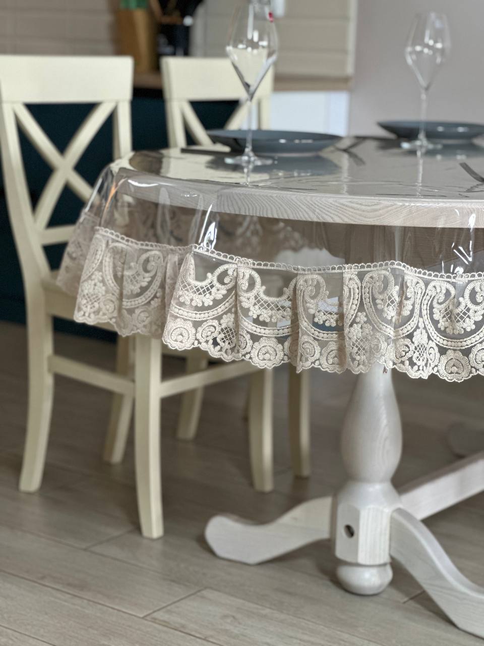 Silicone tablecloth with Vinzelles lace, color: Cappuccino (custom size or standard size)