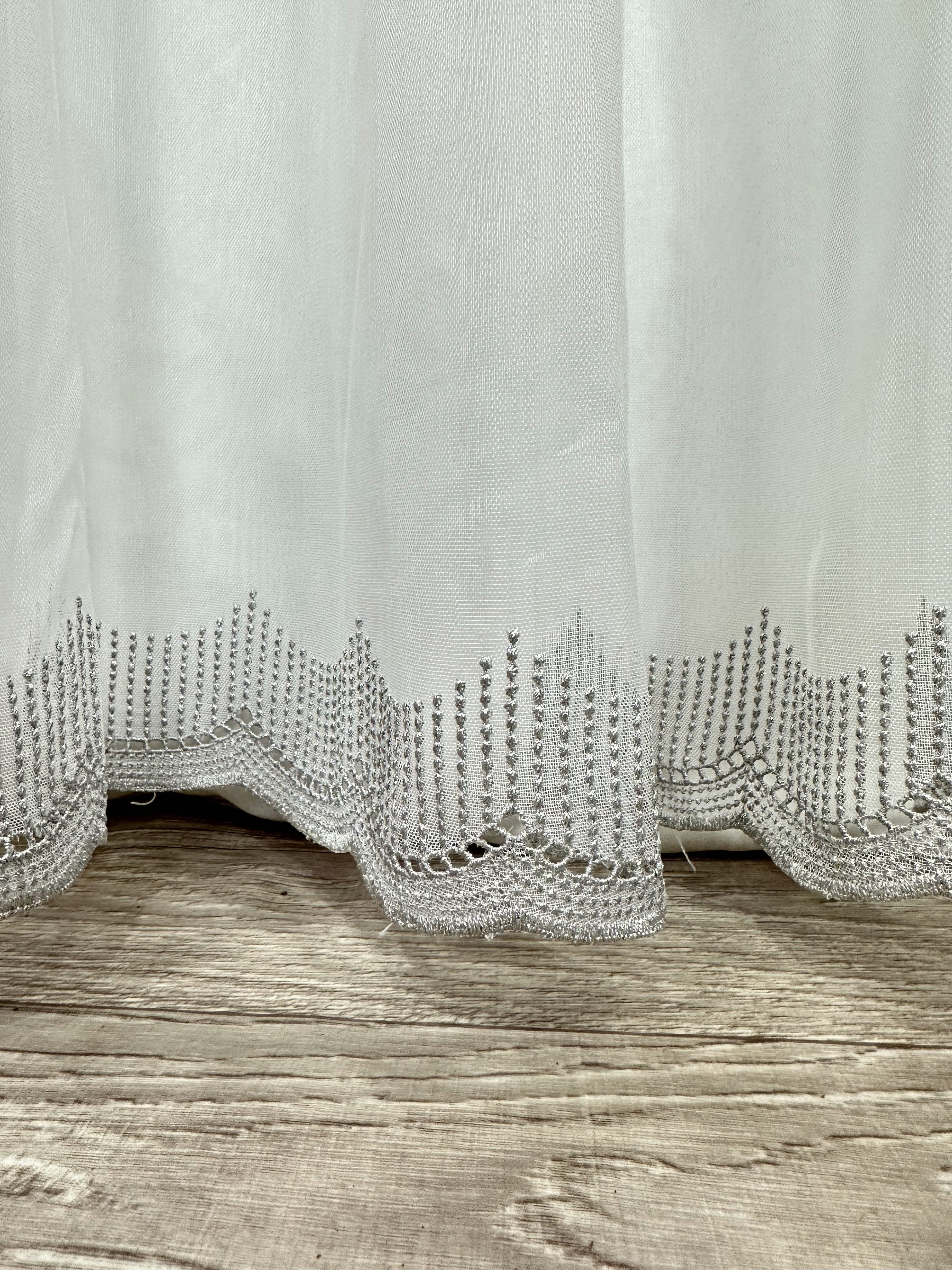 Sheer curtain with chenille embroidery on the bottom , gray color