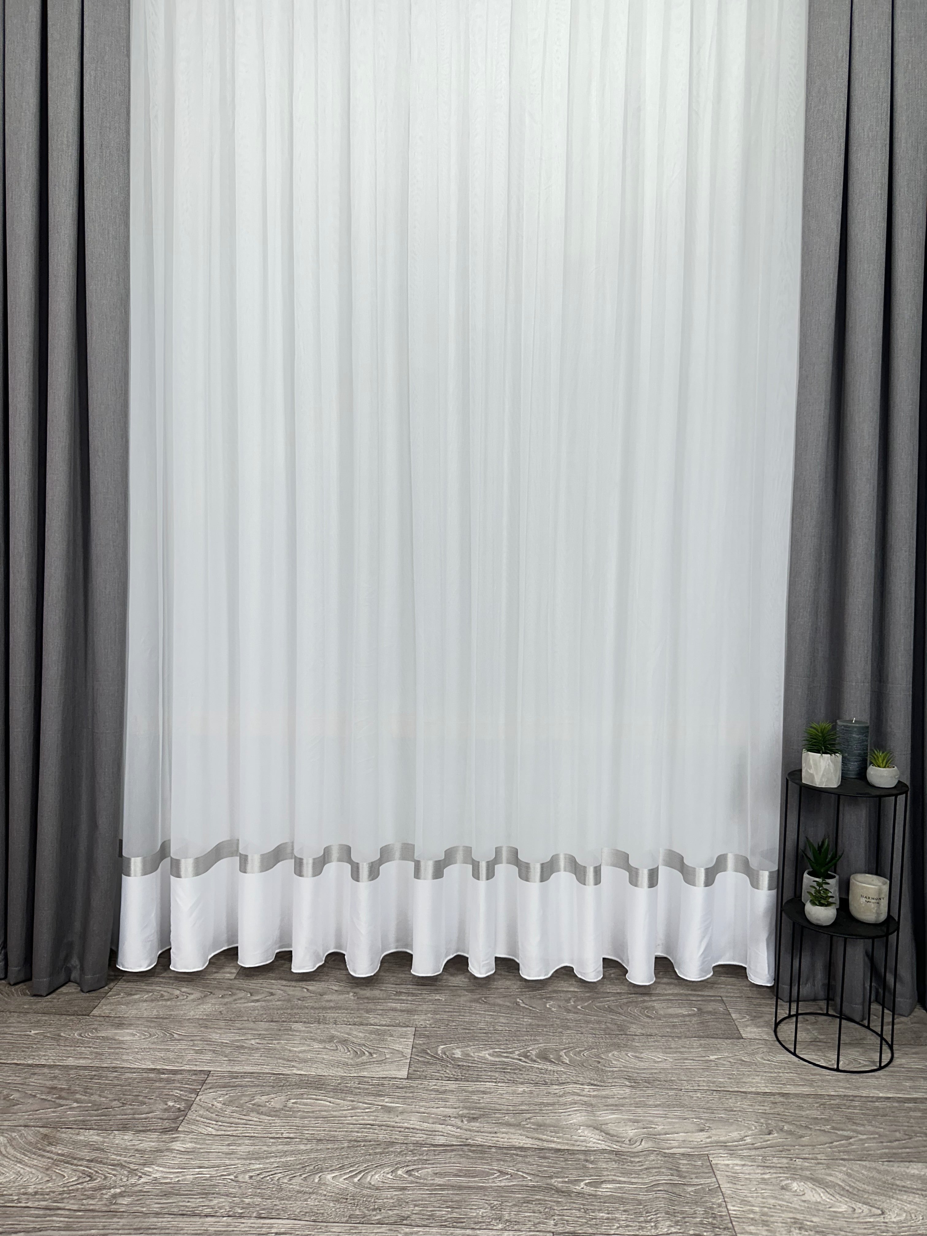 Sheer curtain with stripes and satin inserts, gray color