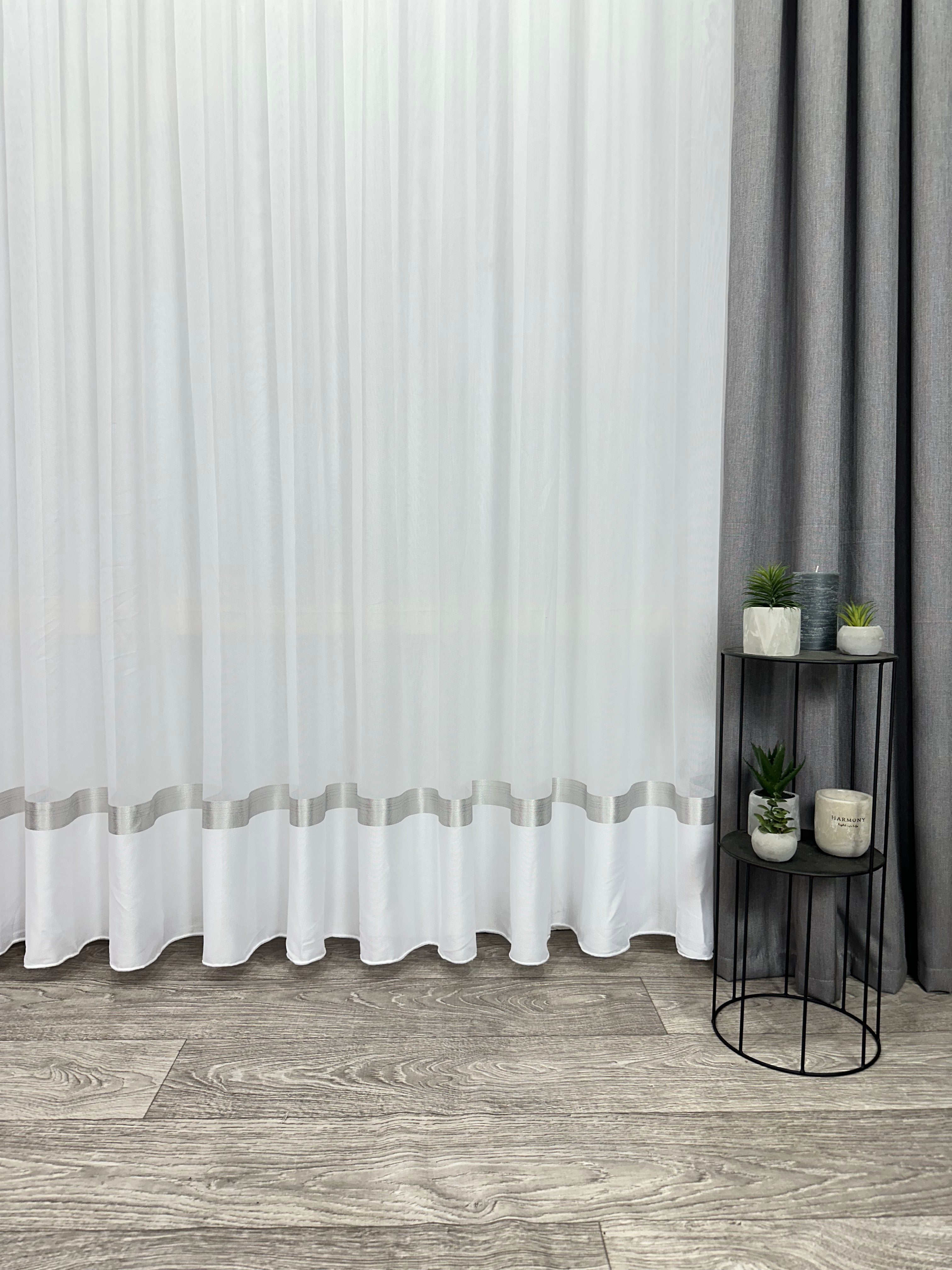 Sheer curtain with stripes and satin inserts, gray color