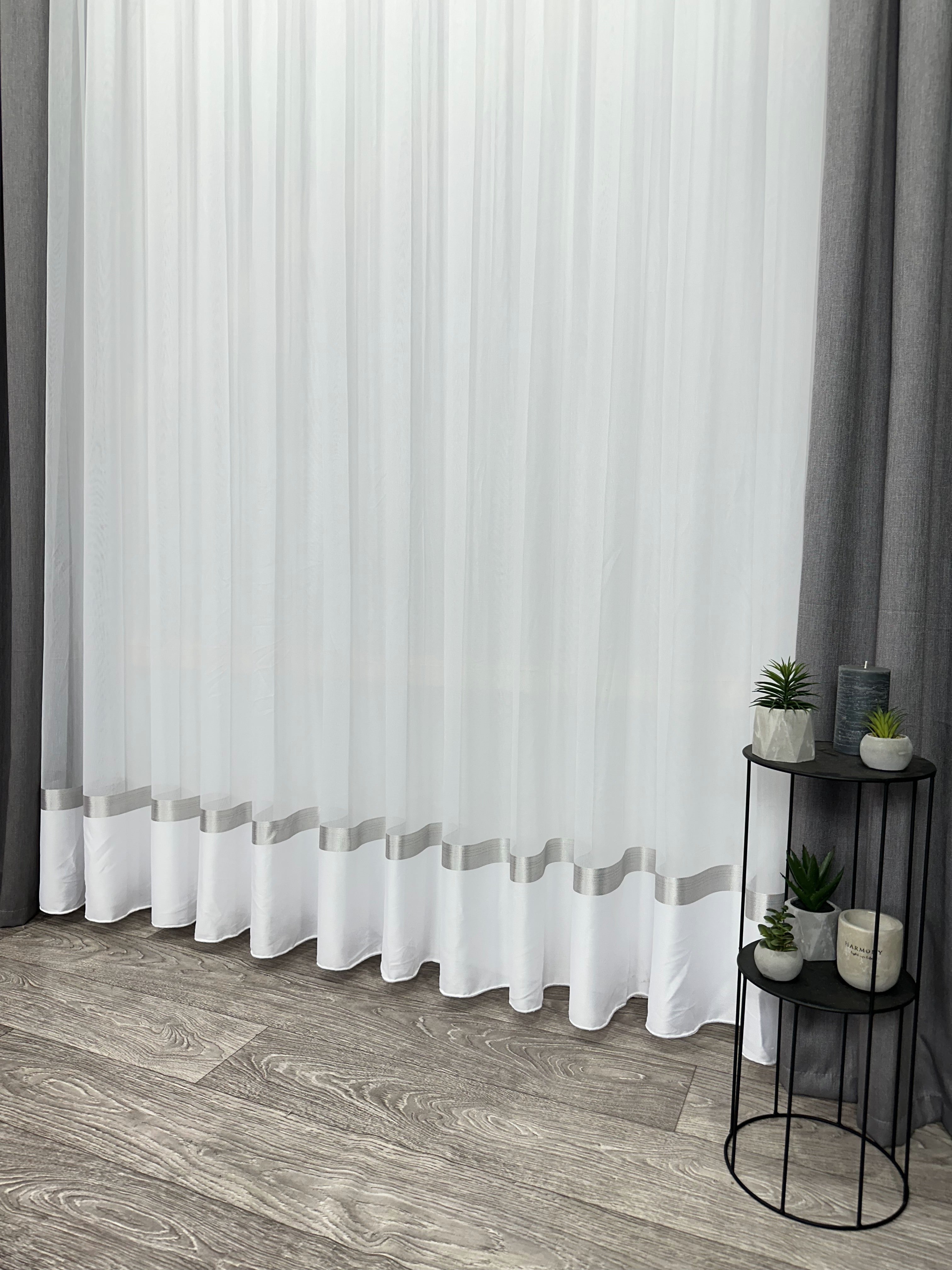 Sheer curtain with stripes and satin inserts, gray color