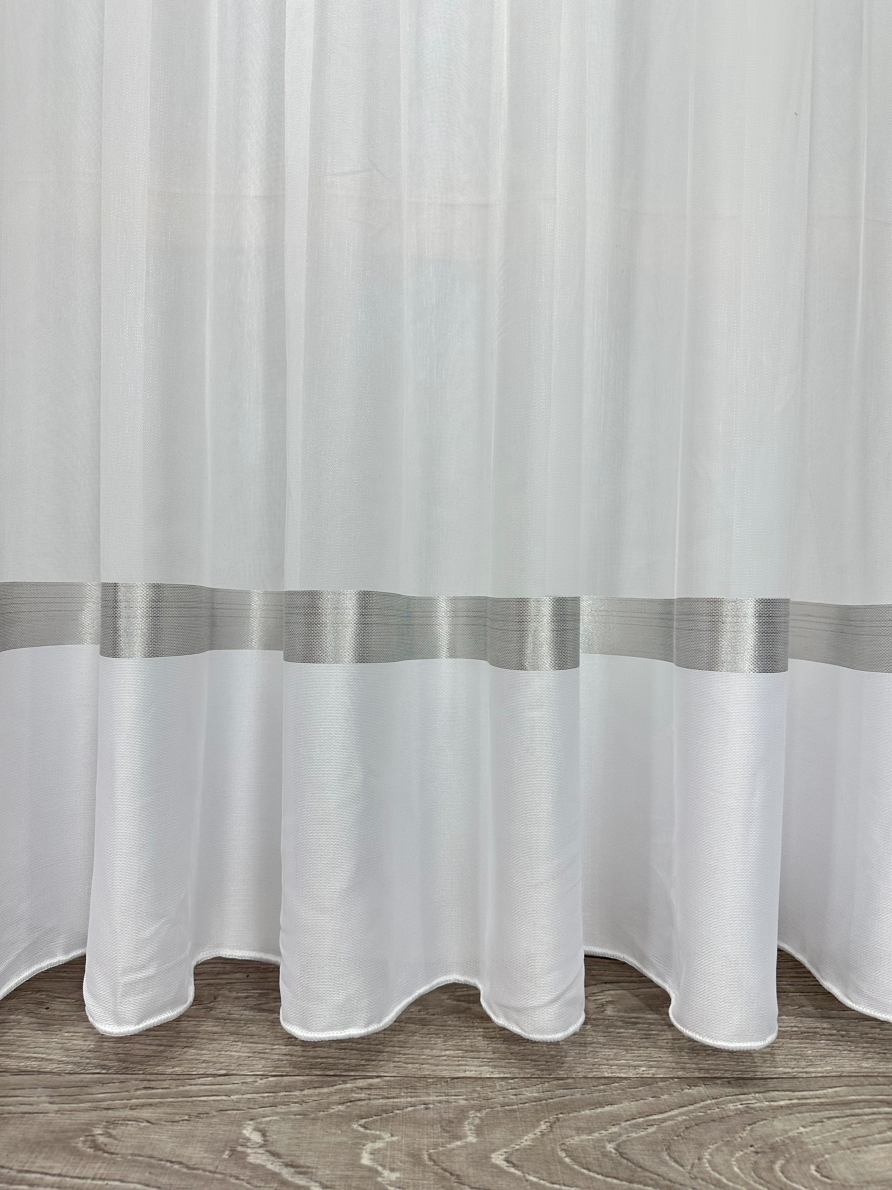 Sheer curtain with stripes and satin inserts, gray color