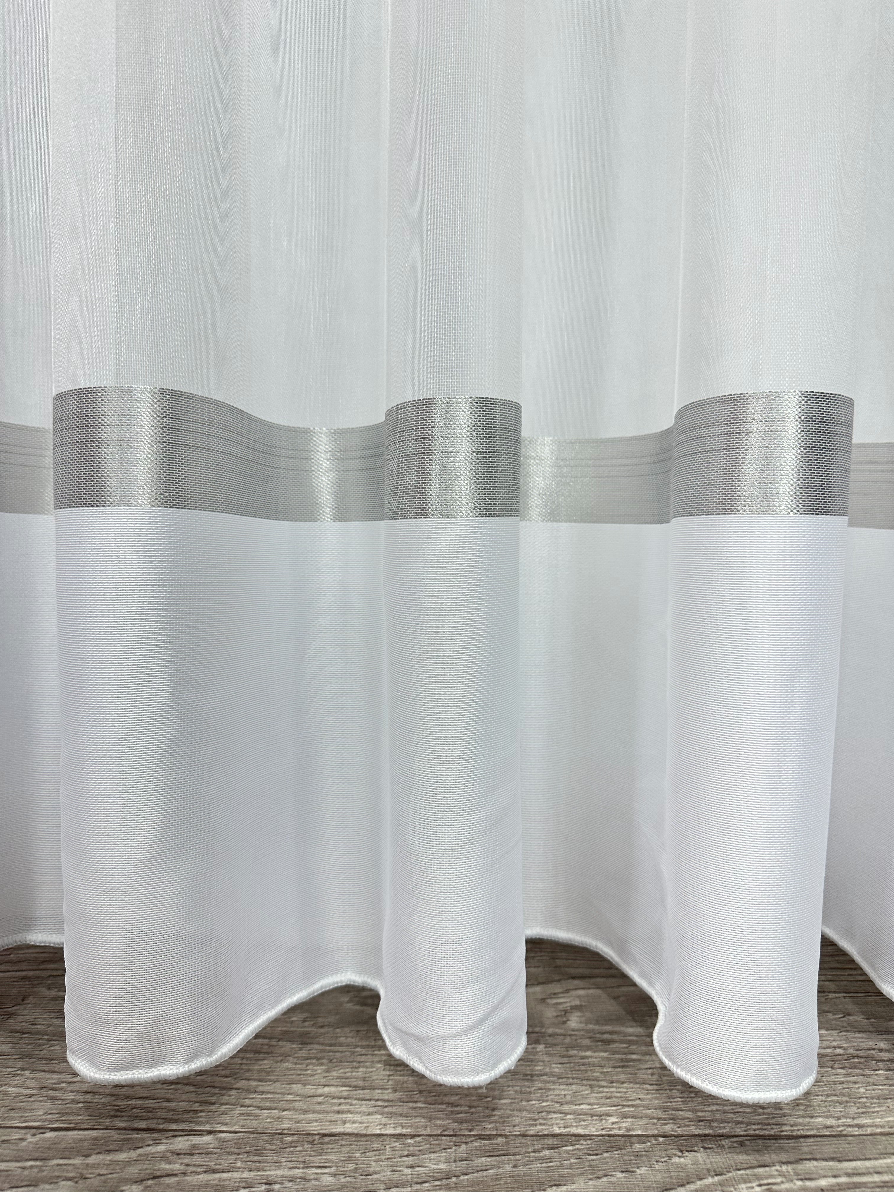 Sheer curtain with stripes and satin inserts, gray color