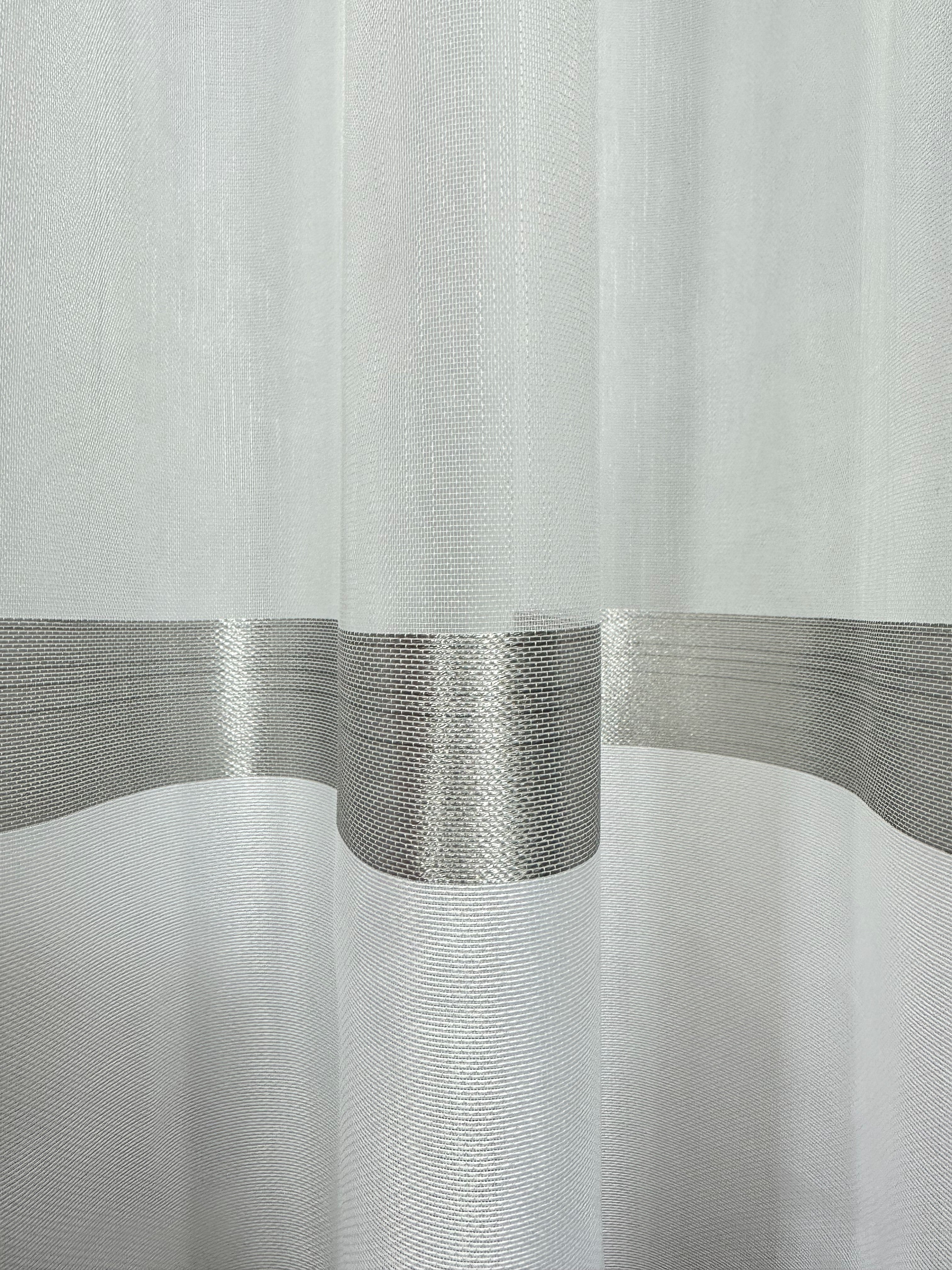 Sheer curtain with stripes and satin inserts, gray color