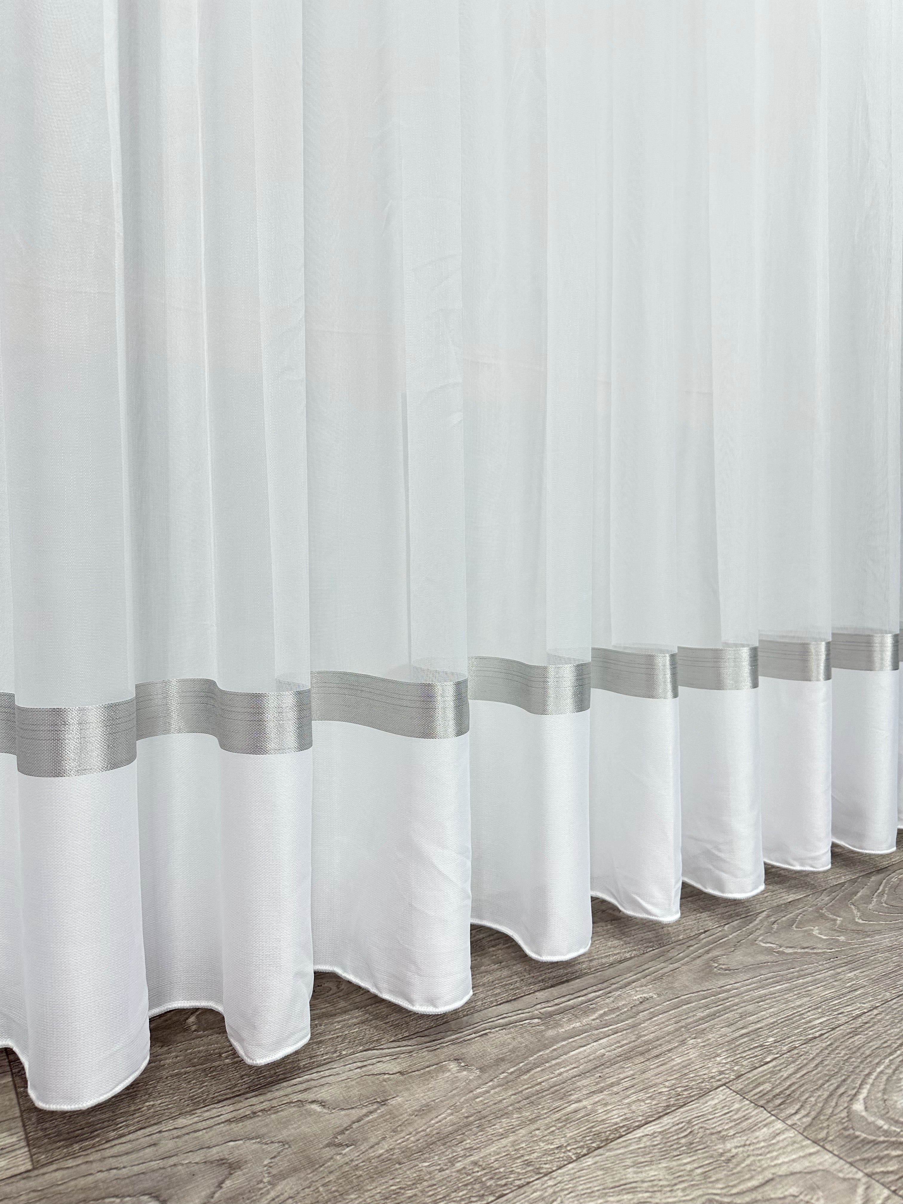 Sheer curtain with stripes and satin inserts, gray color