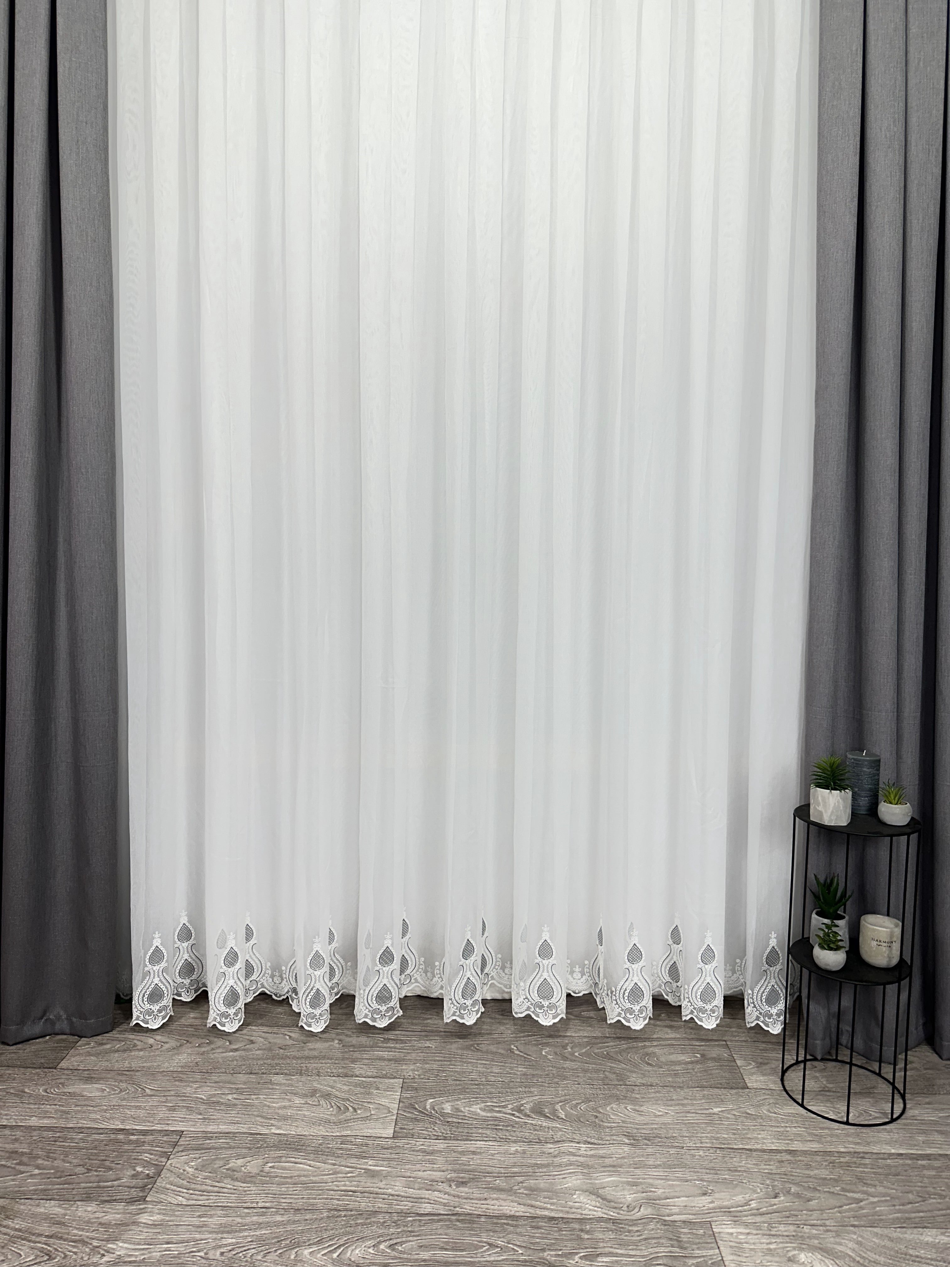 Sheer curtain with chenille embroidery on the bottom , gray color