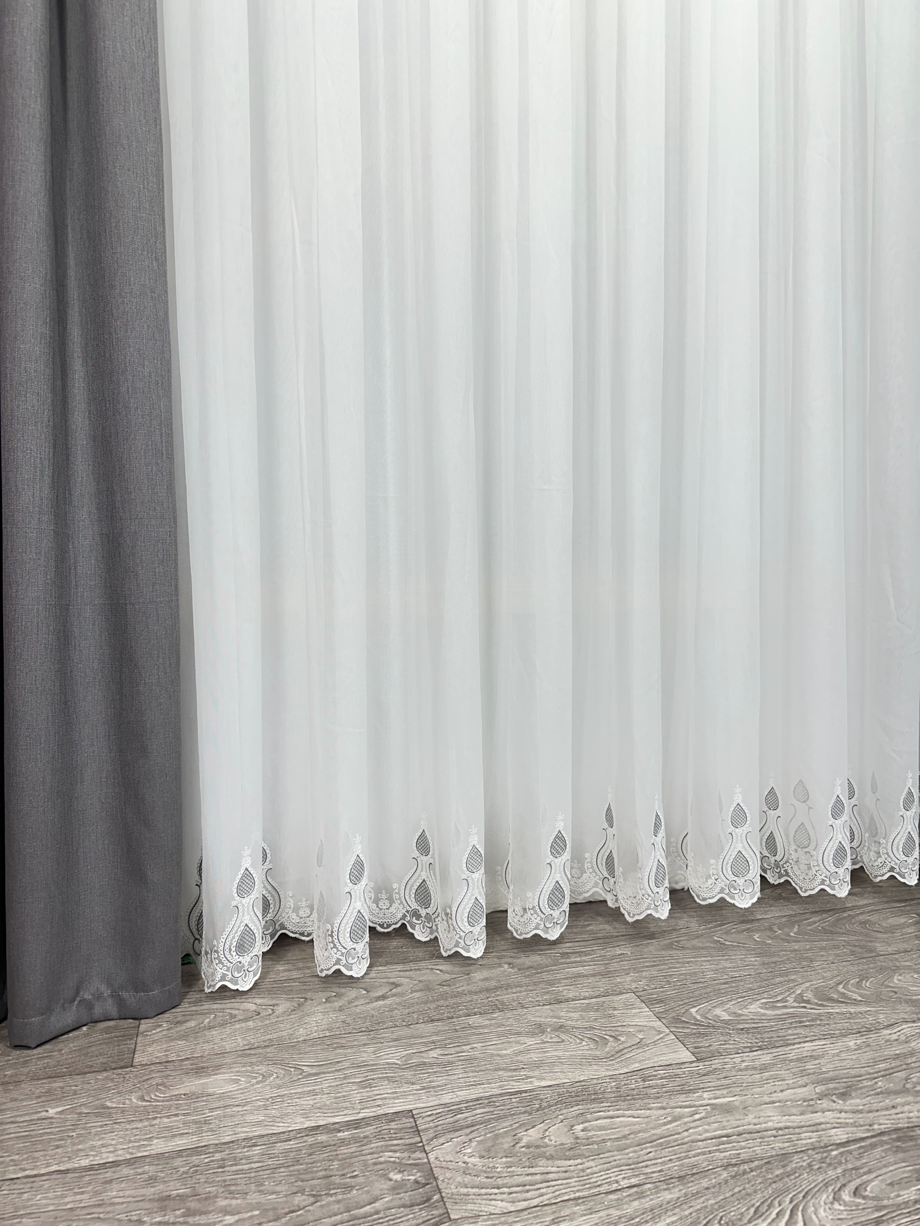 Sheer curtain with chenille embroidery on the bottom , gray color