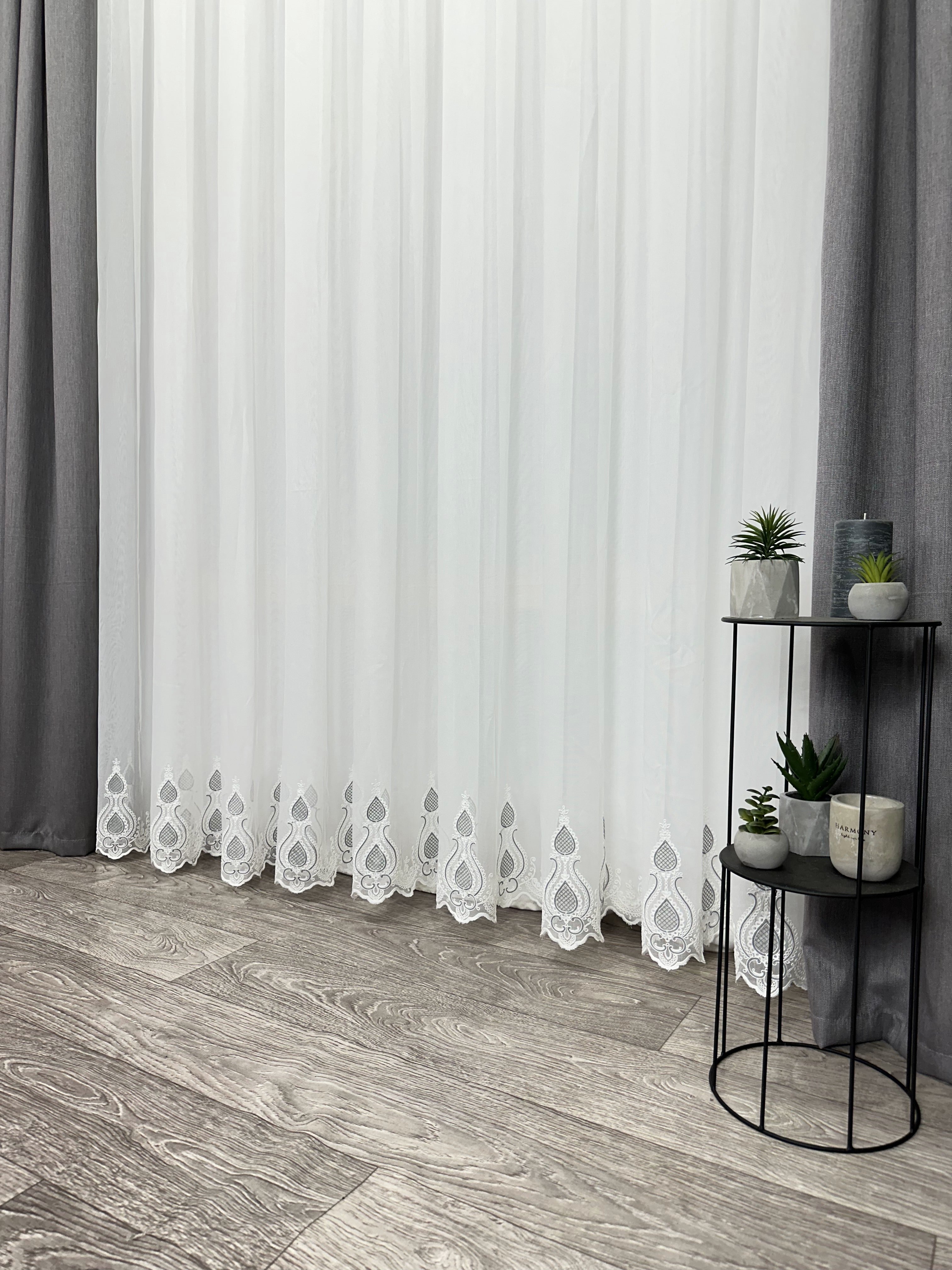 Sheer curtain with chenille embroidery on the bottom , gray color