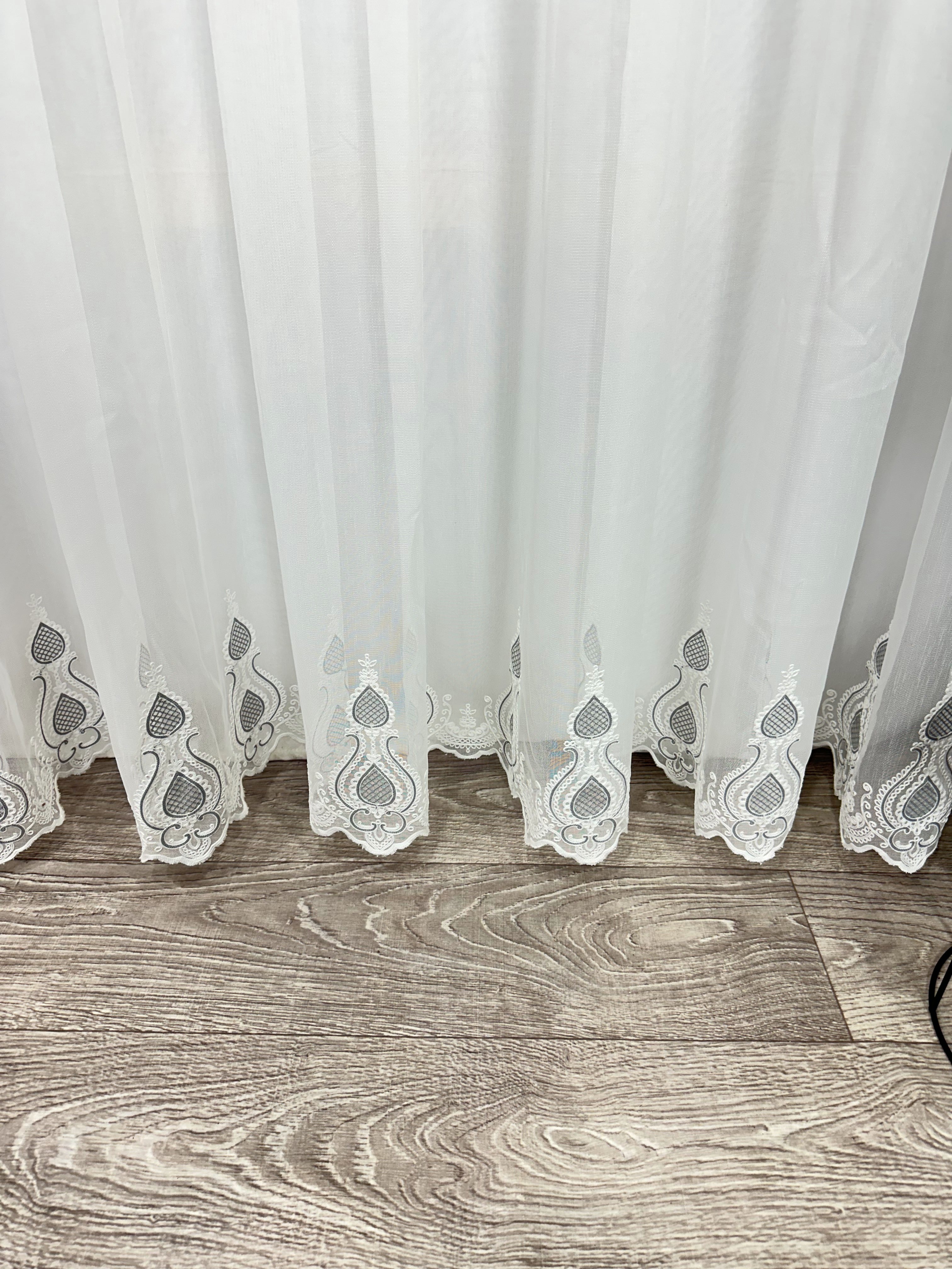 Sheer curtain with chenille embroidery on the bottom , gray color