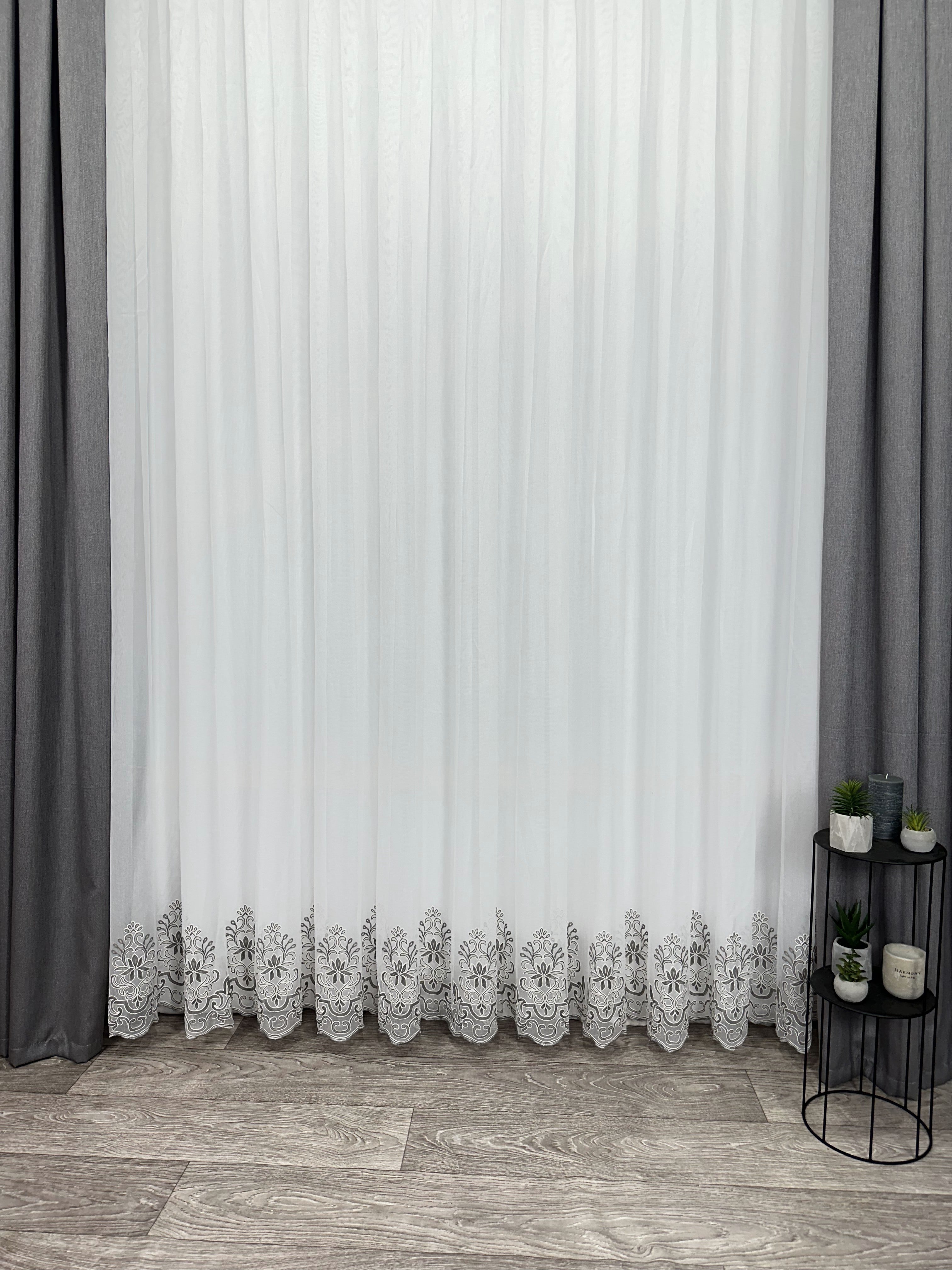 Sheer curtain with chenille embroidery on the bottom , gray color