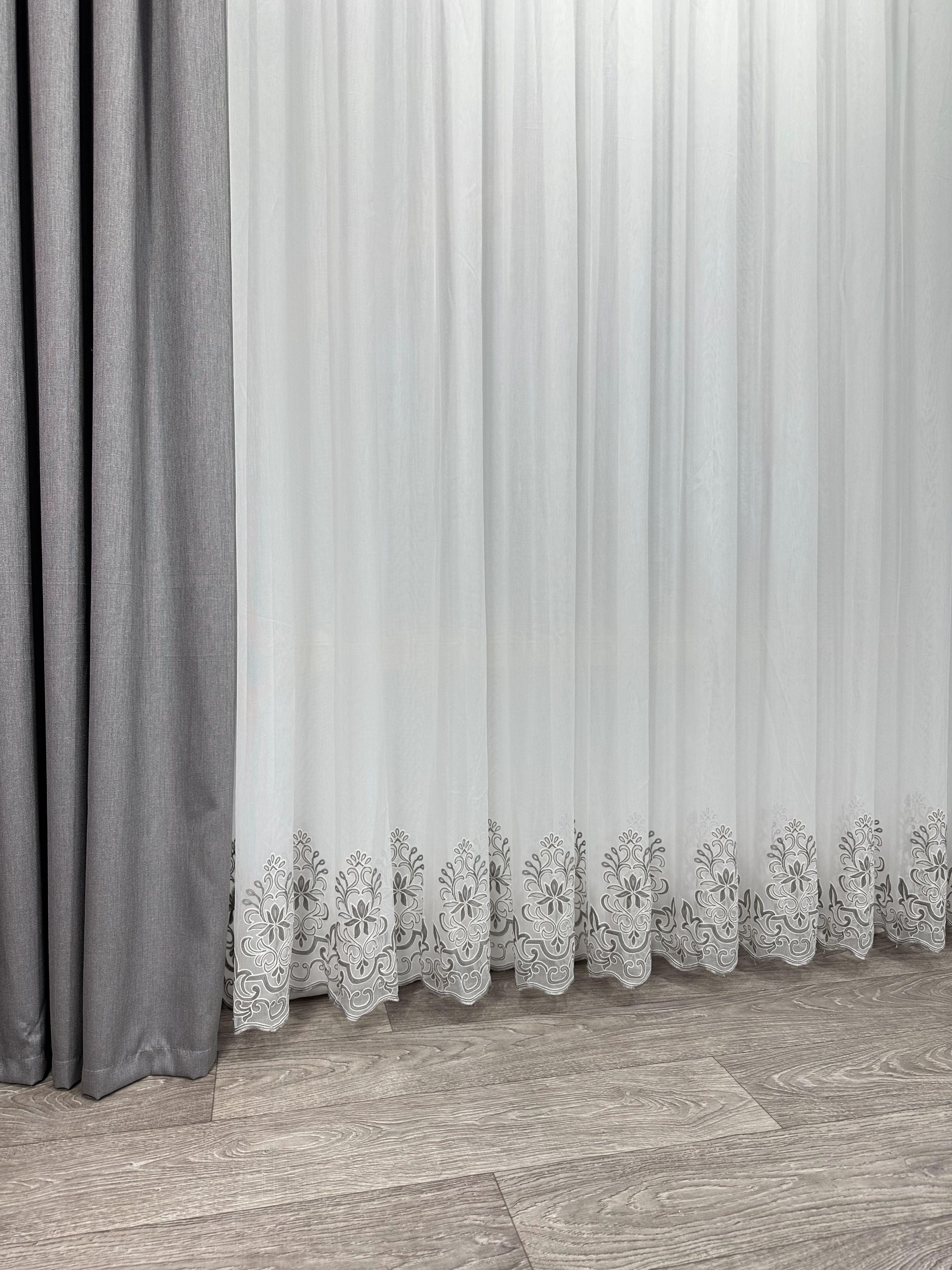 Sheer curtain with chenille embroidery on the bottom , gray color