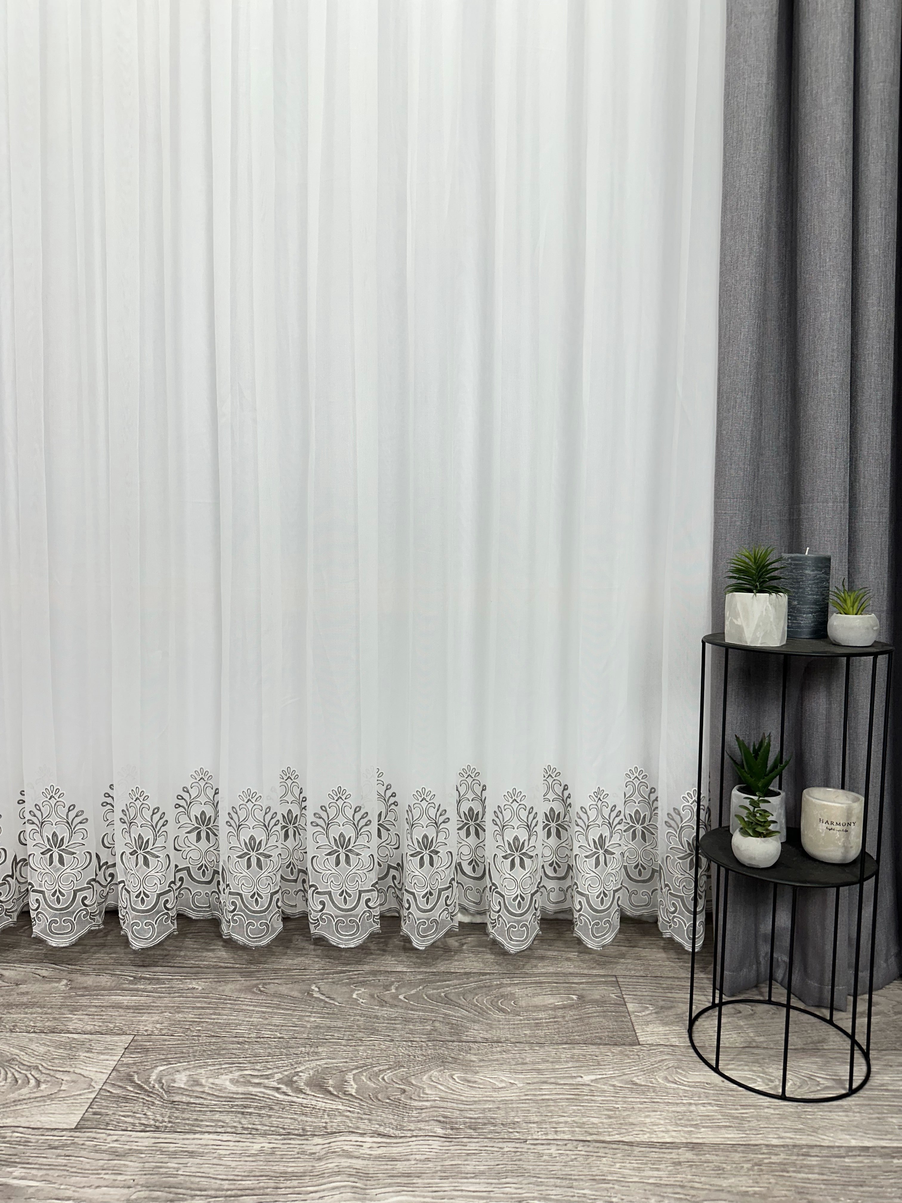 Sheer curtain with chenille embroidery on the bottom , gray color