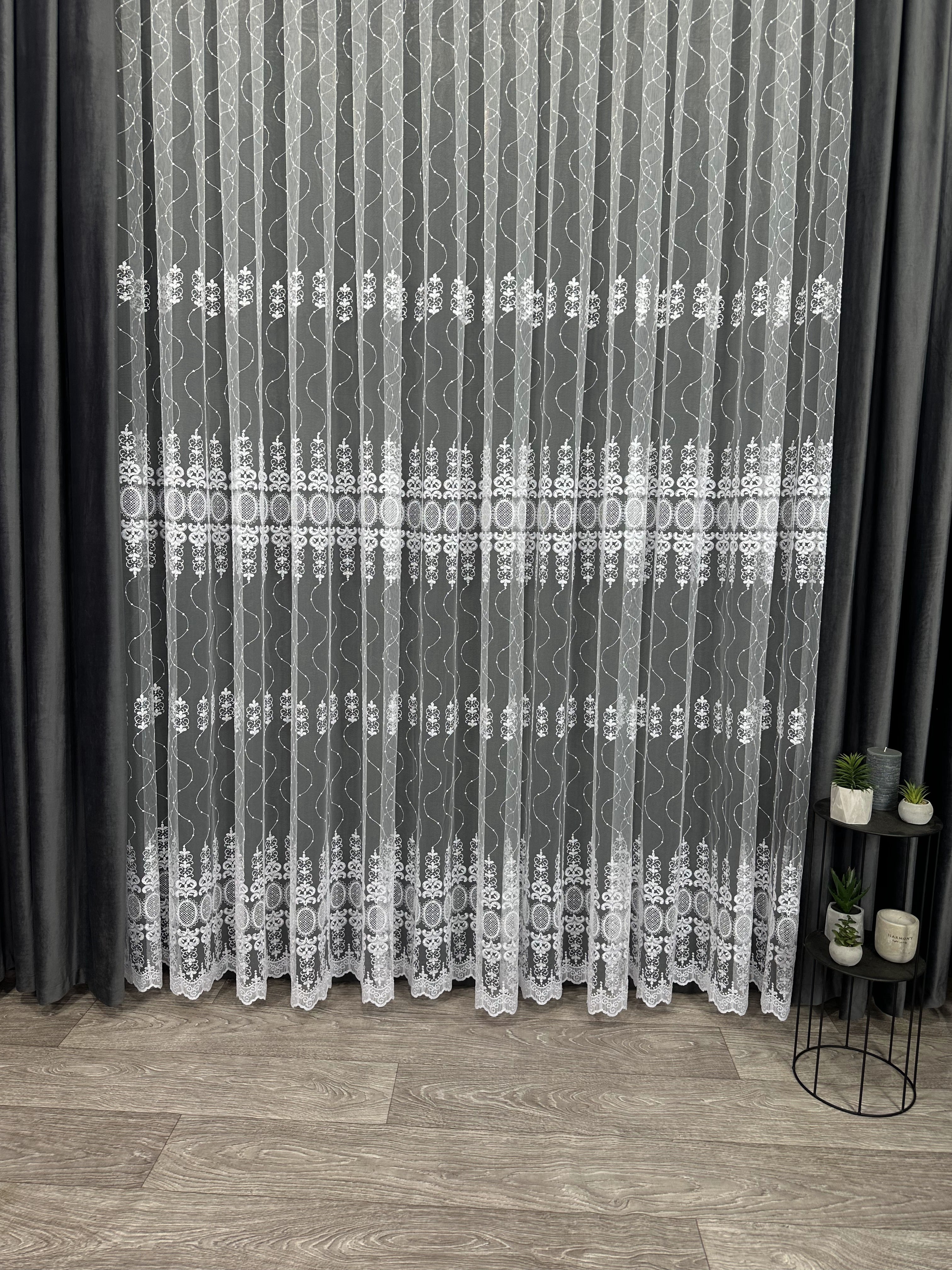 Sheer curtain with beautiful embroidery, white color