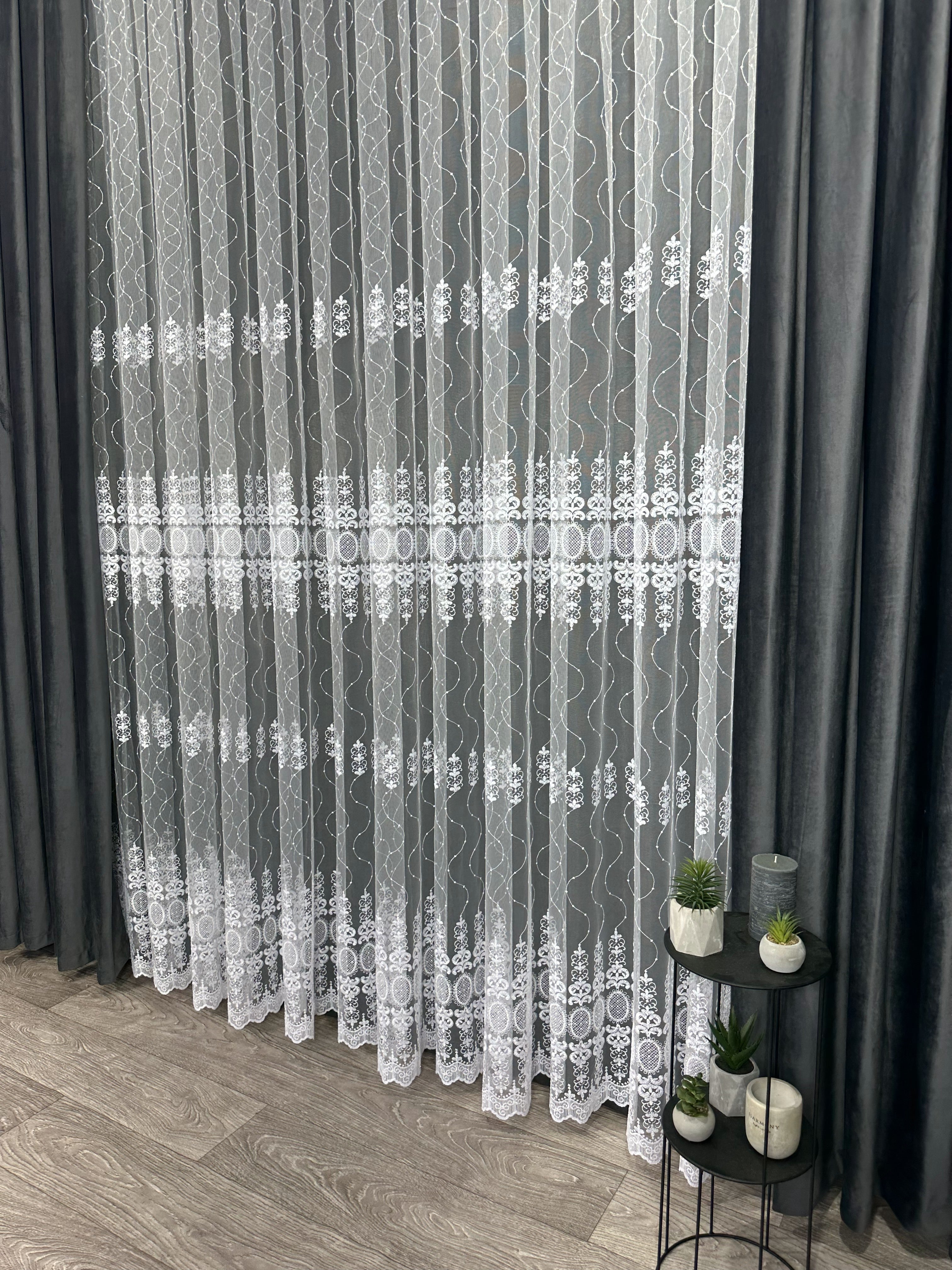 Sheer curtain with beautiful embroidery, white color