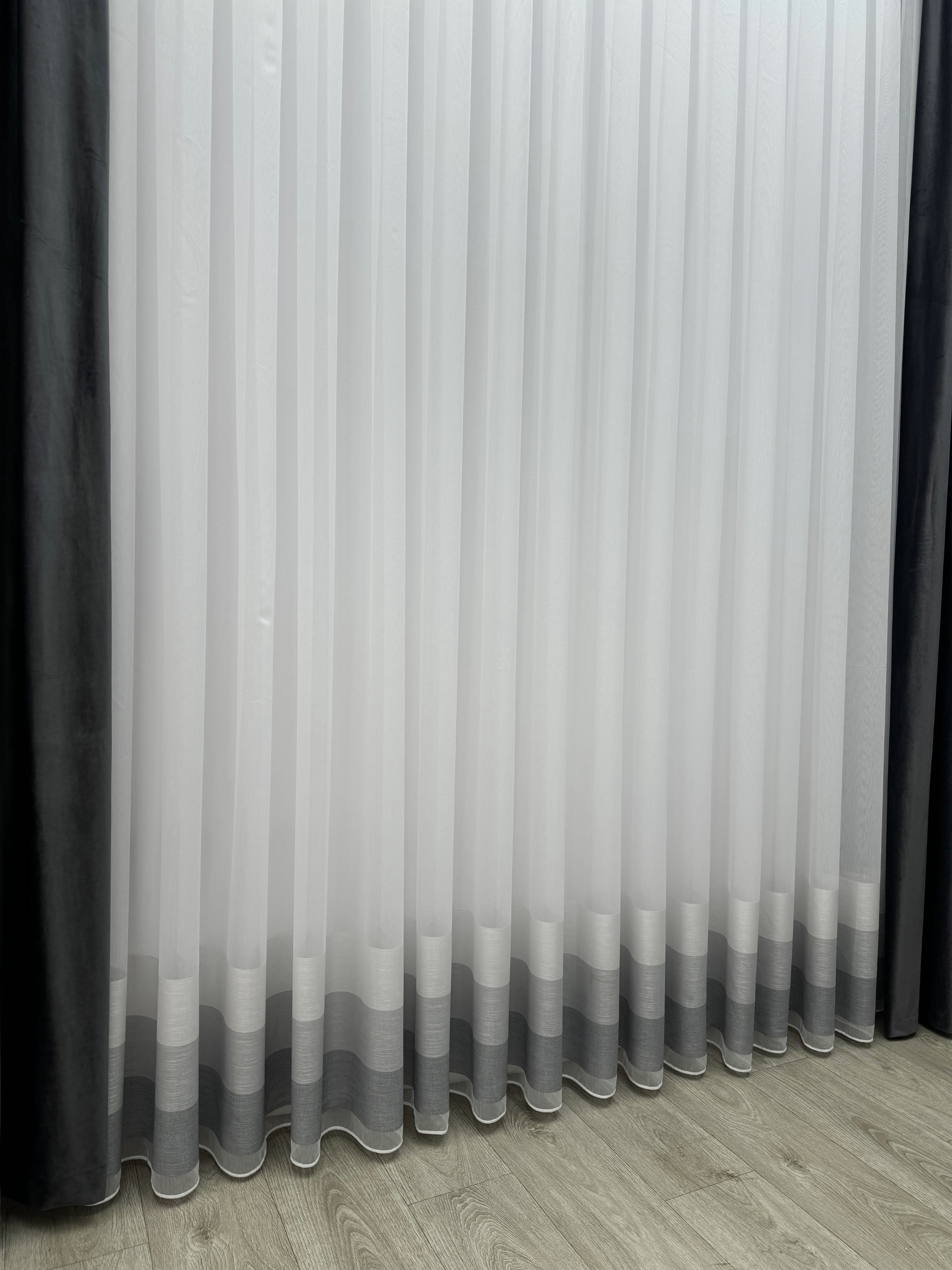Bamboo-based sheer curtain with stripe on the bottom, gray color