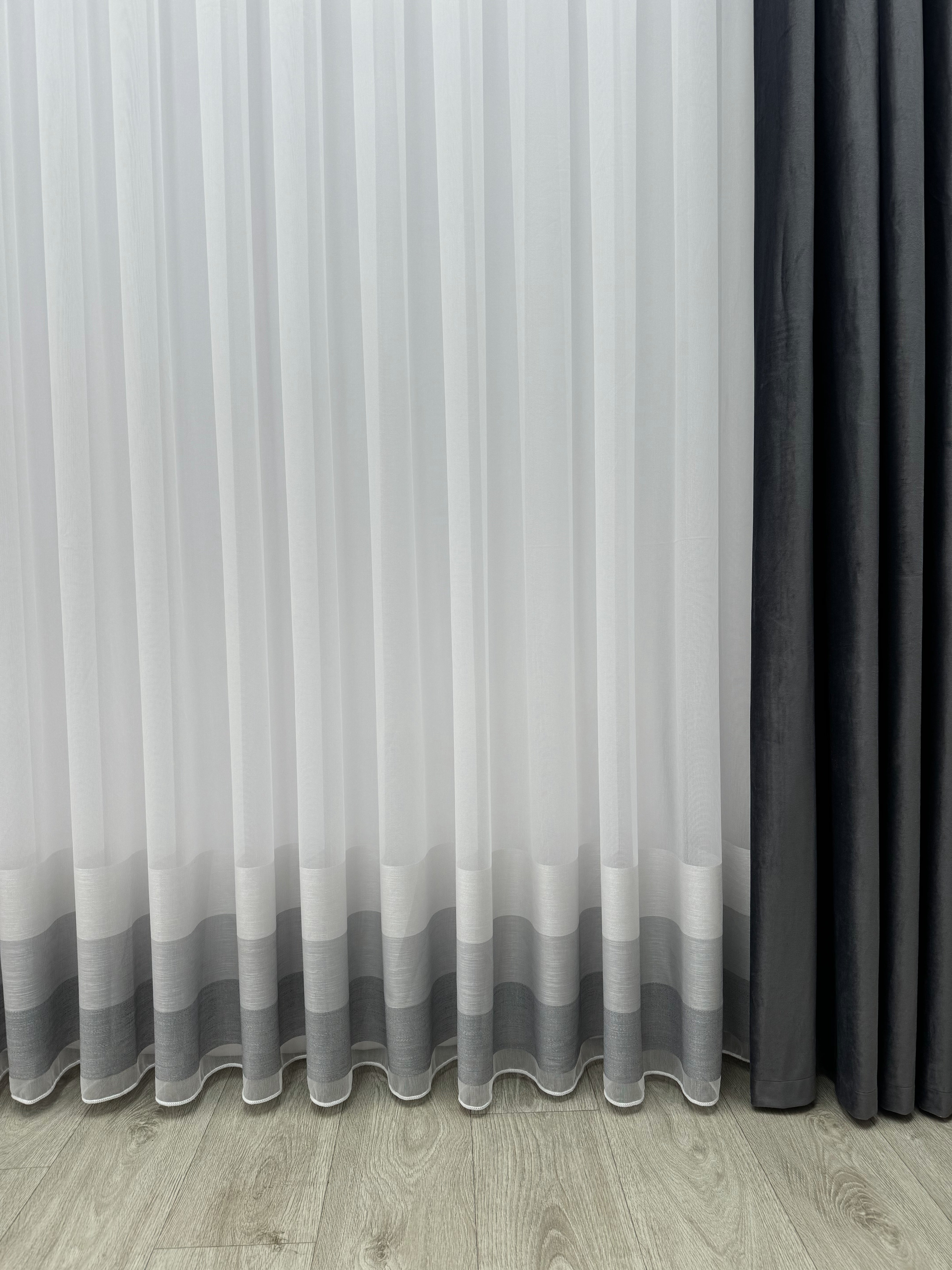 Bamboo-based sheer curtain with stripe on the bottom, gray color