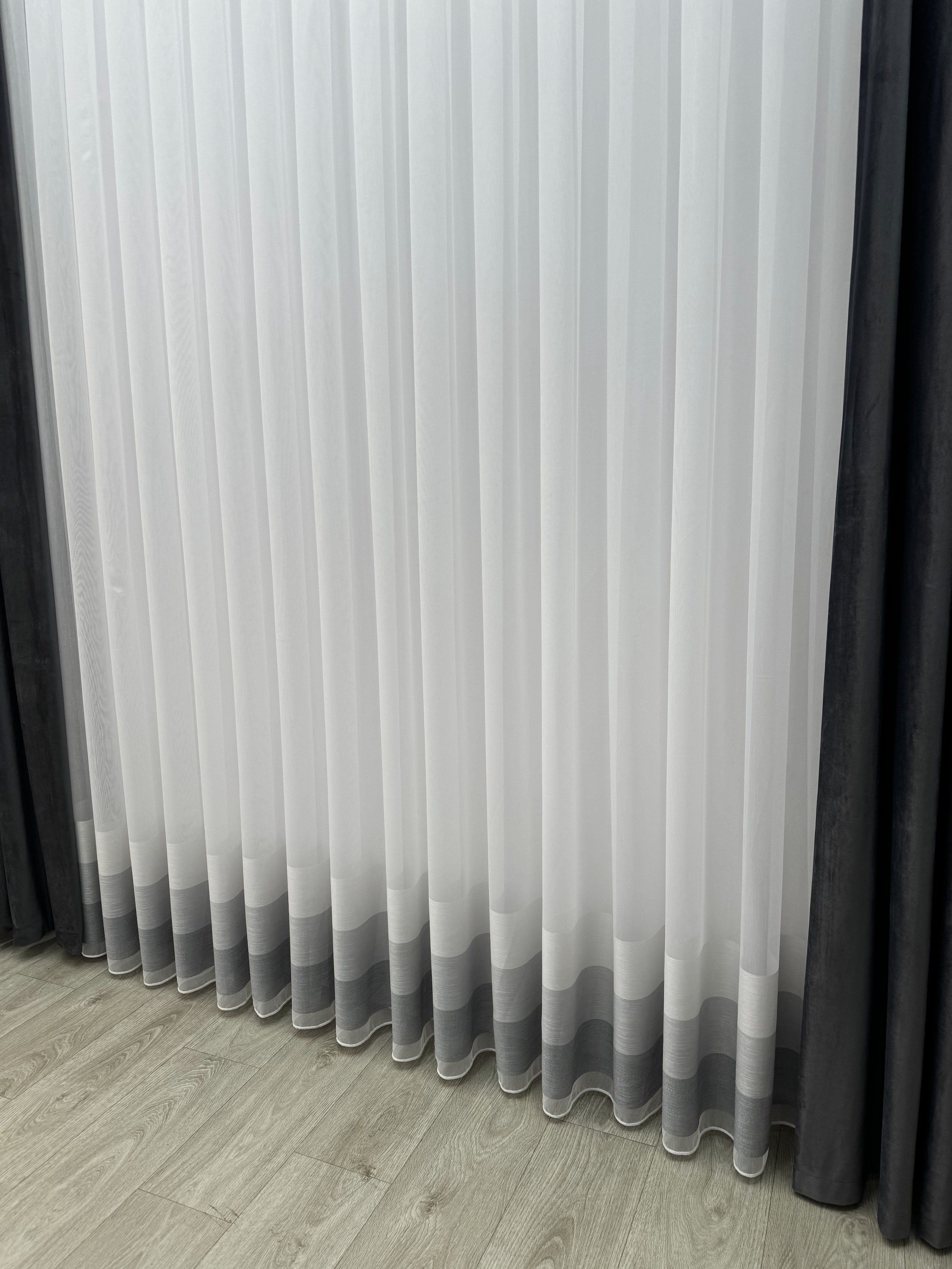 Bamboo-based sheer curtain with stripe on the bottom, gray color