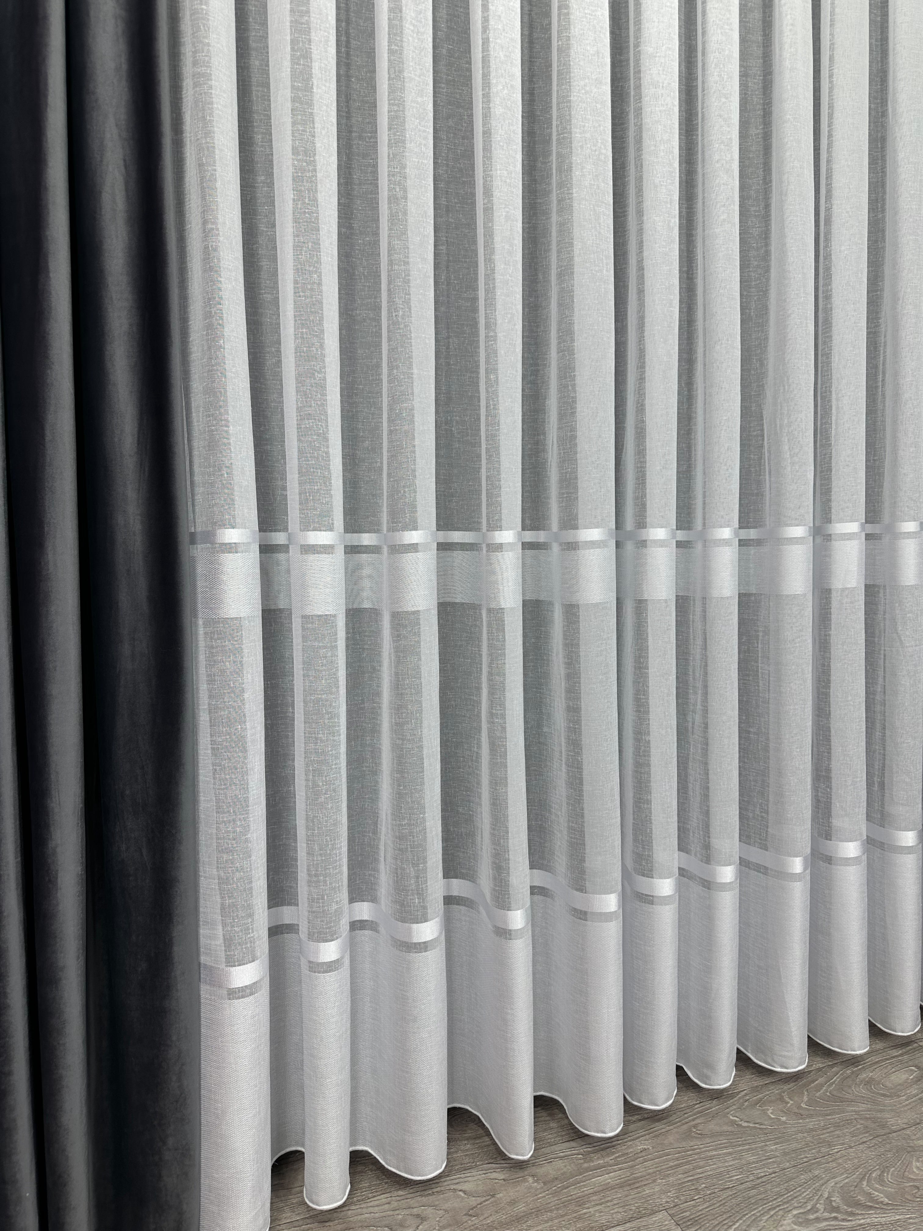 Linen sheer curtain with stripes, white color